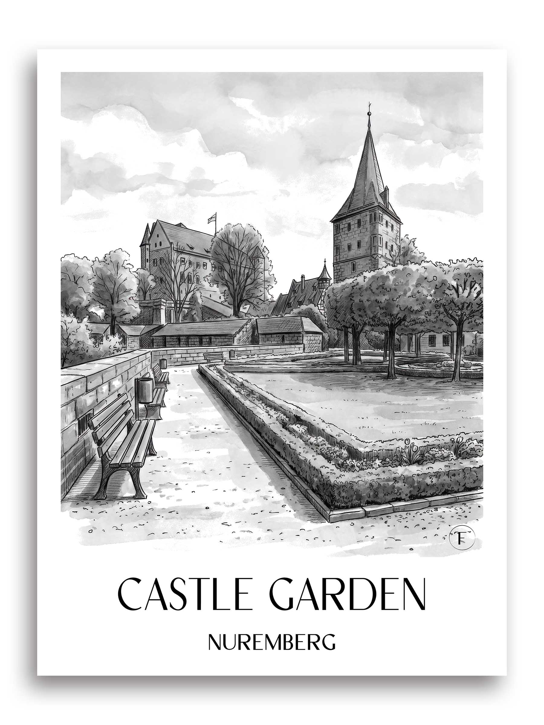 Burggarten Poster - Nürnberg - Deutschland Kunstdruck - Aquarell Schwarz-Weiß von A4 bis A1