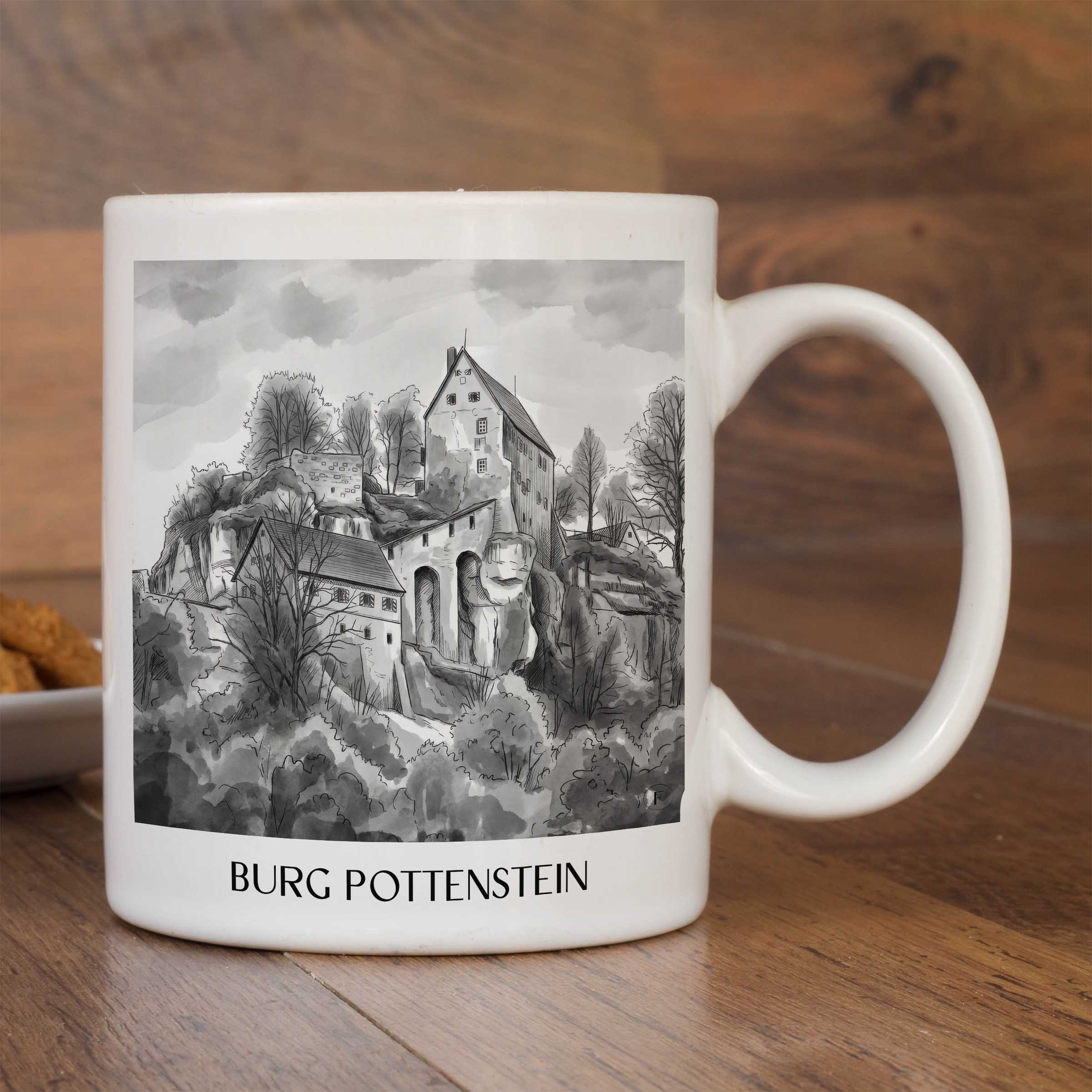 burg-pottenstein-deutschland-kaffeebecher-aquarell-schwarz-weiss
