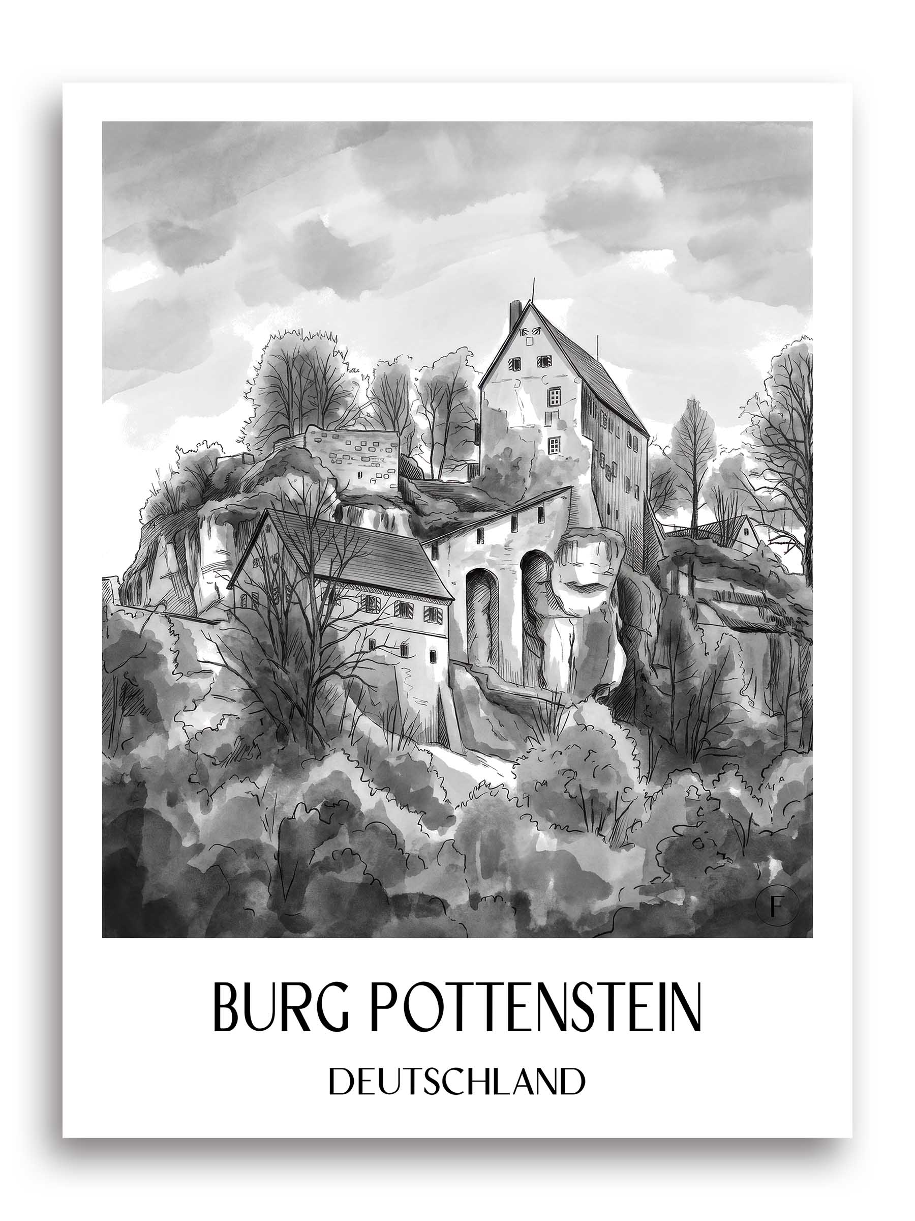 burg-pottenstein-deutschland-poster-aquarell-schwarz-weiss