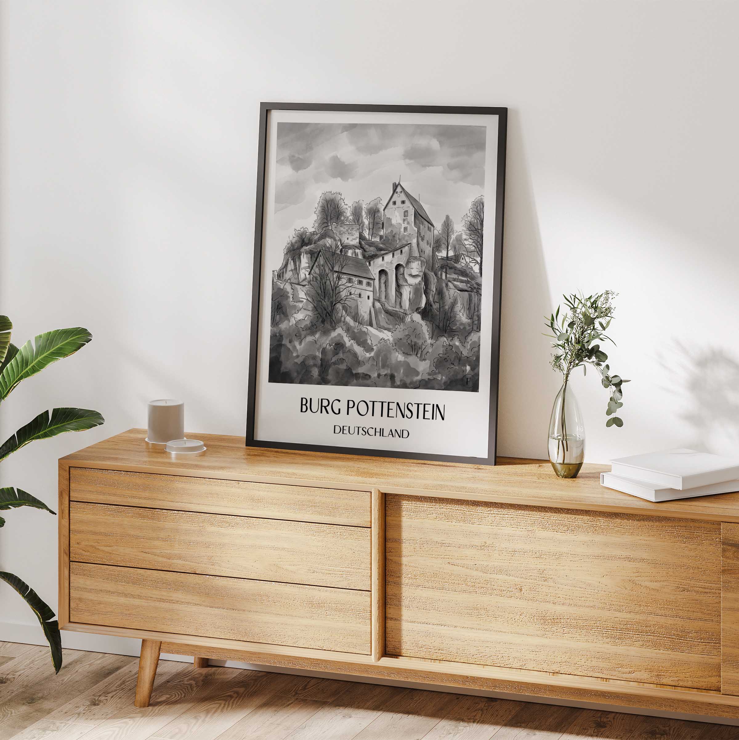 burg-pottenstein-deutschland-poster-aquarell-schwarz-weiss