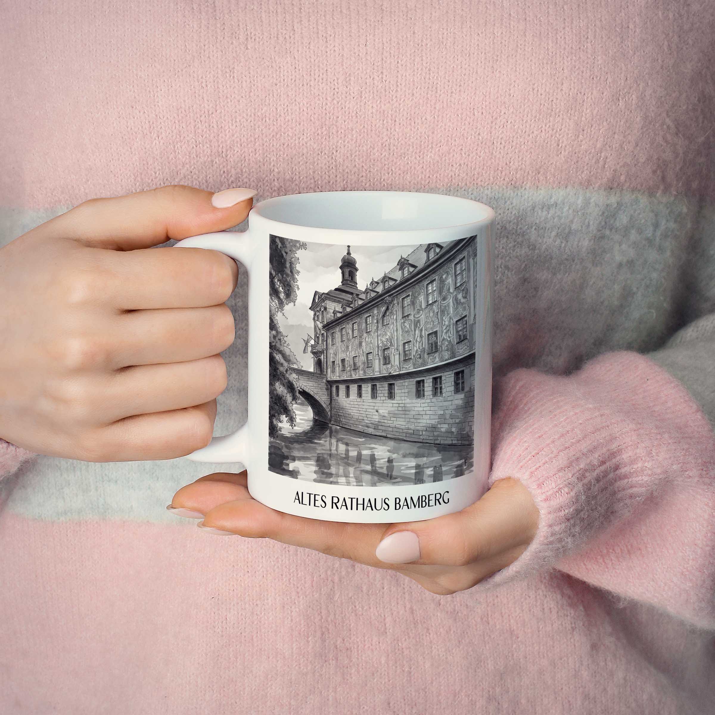 altes-rathaus-bamberg-deutschland-kaffeebecher-aquarell-schwarz-weiss
