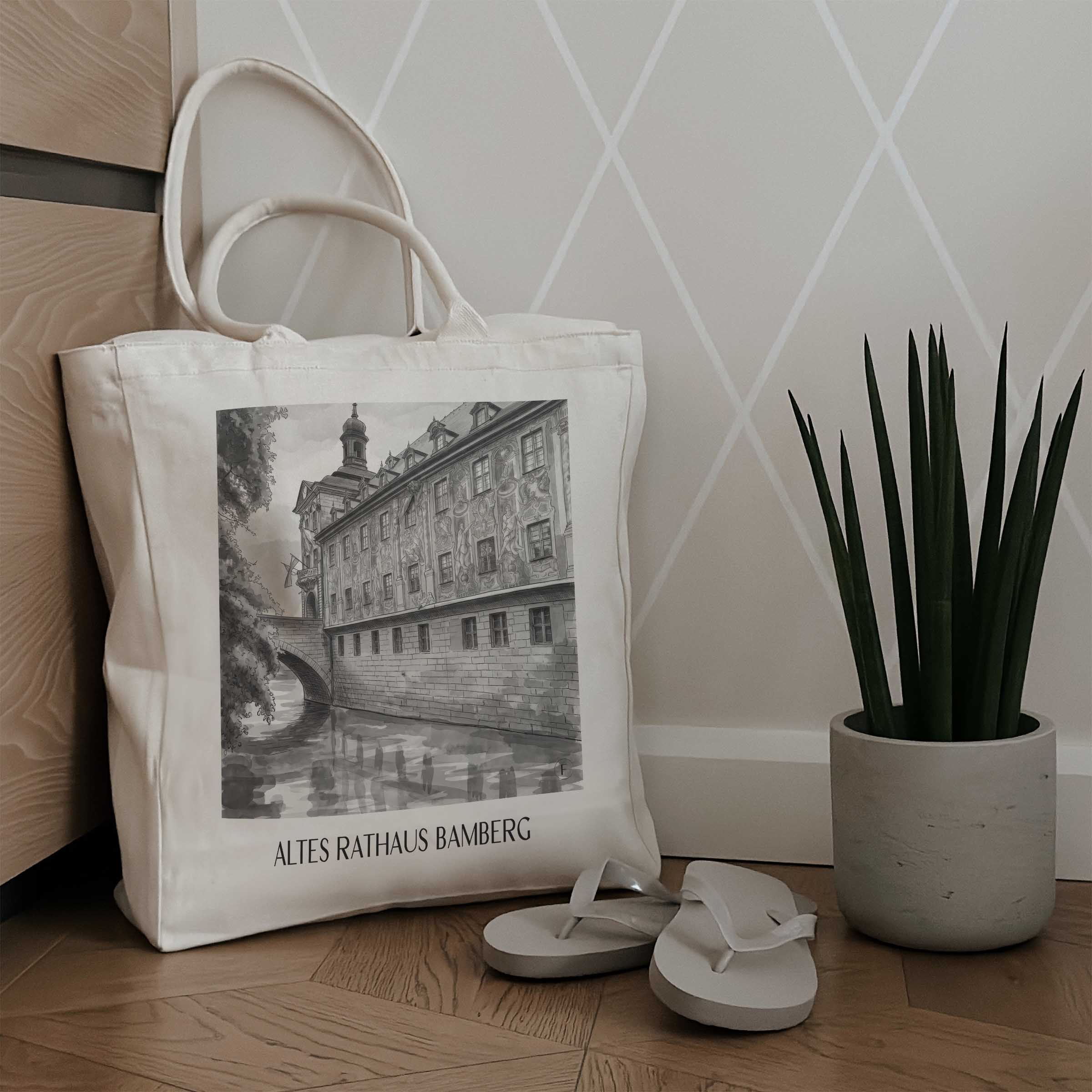 altes-rathaus-bamberg-deutschland-einkaufstasche-aquarell-schwarz-weiss