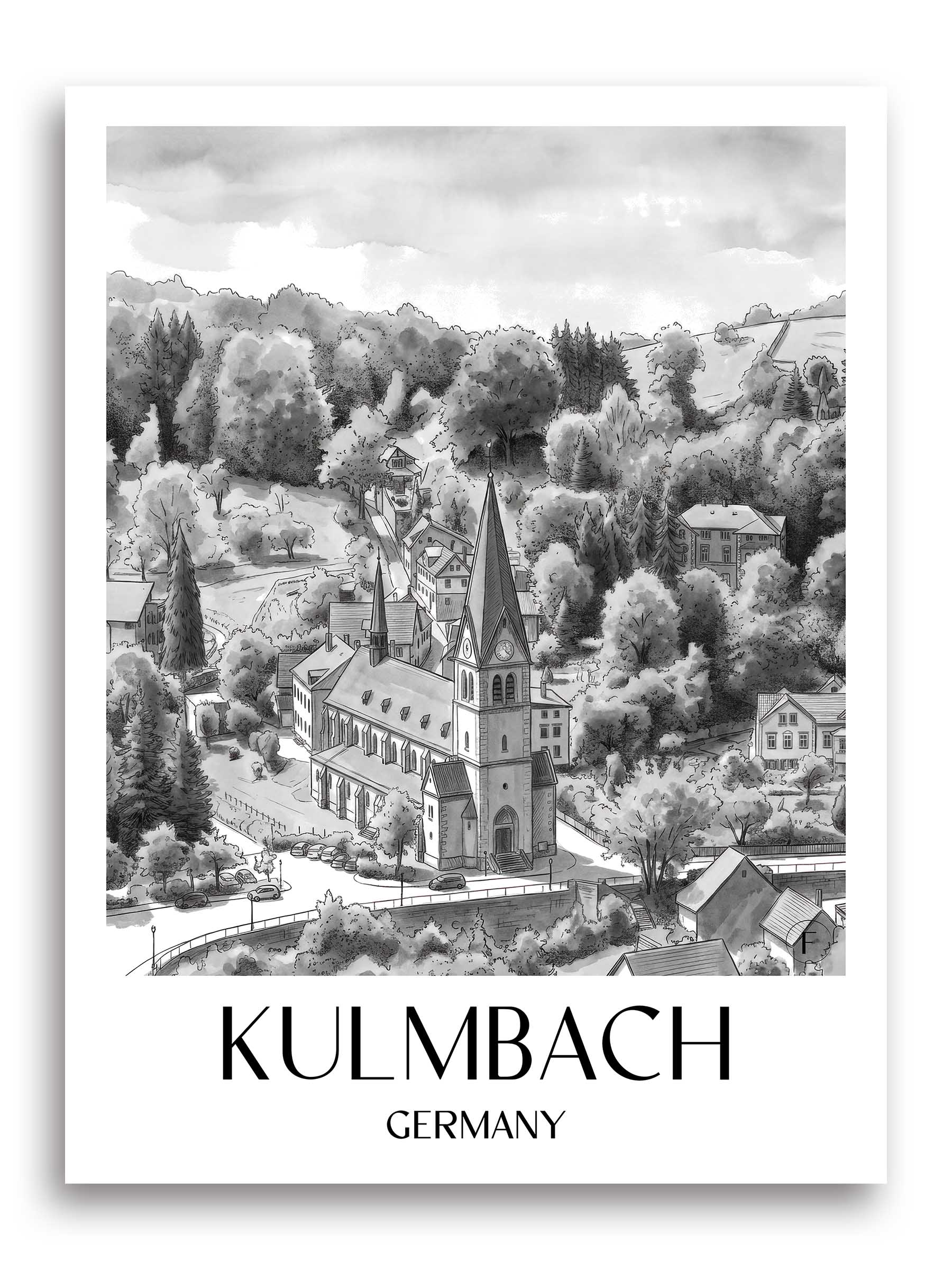 Kulmbach Poster - - Deutschland Kunstdruck - Aquarell Schwarz-Weiß von A4 bis A1