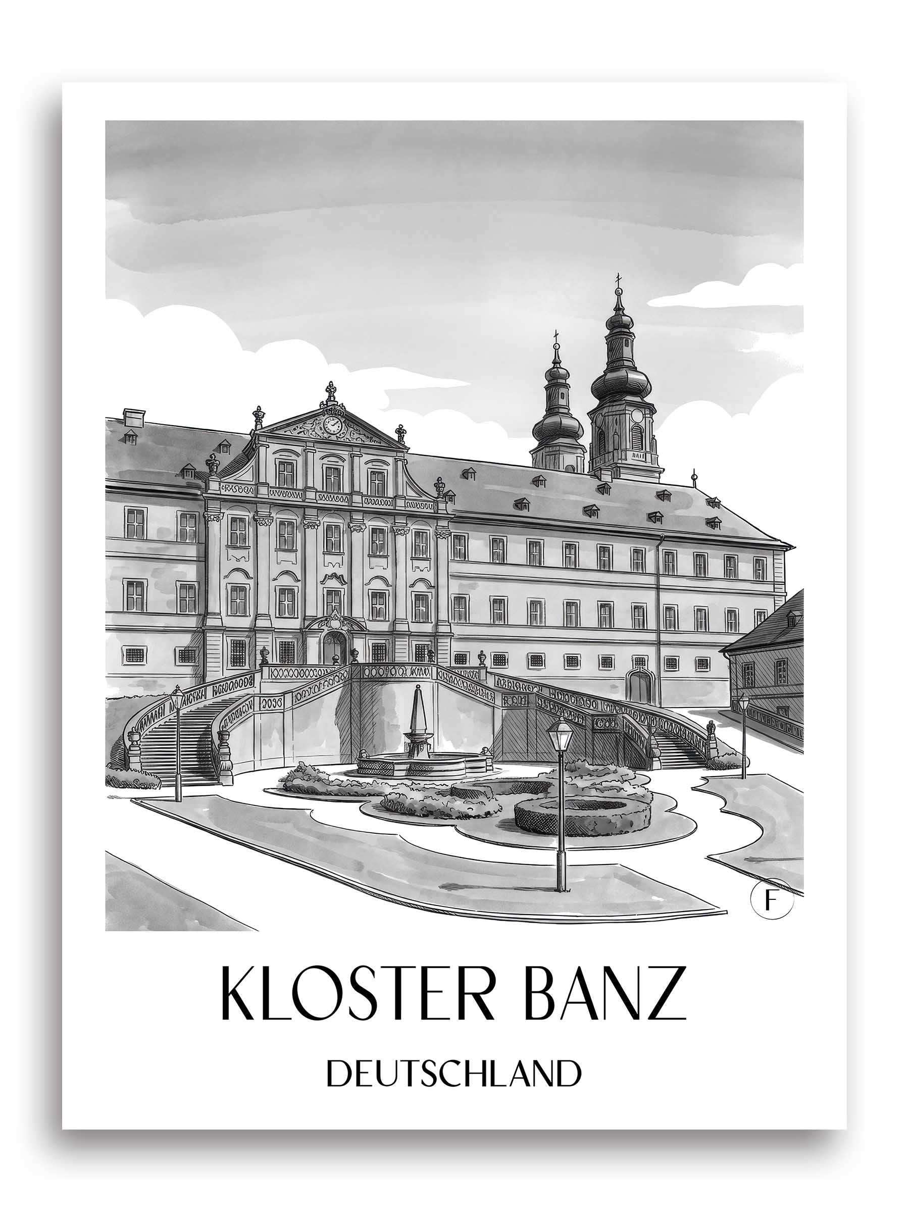kloster-banz-deutschland-poster-aquarell-schwarz-weiss