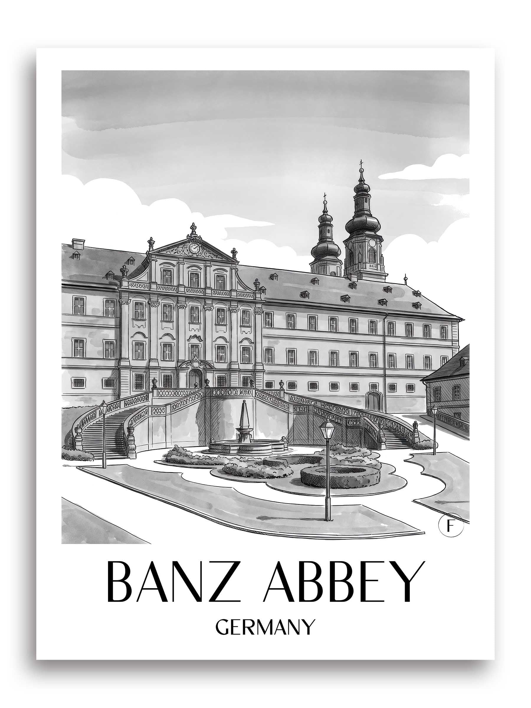 Kloster Banz Poster - - Deutschland Kunstdruck - Aquarell Schwarz-Weiß von A4 bis A1