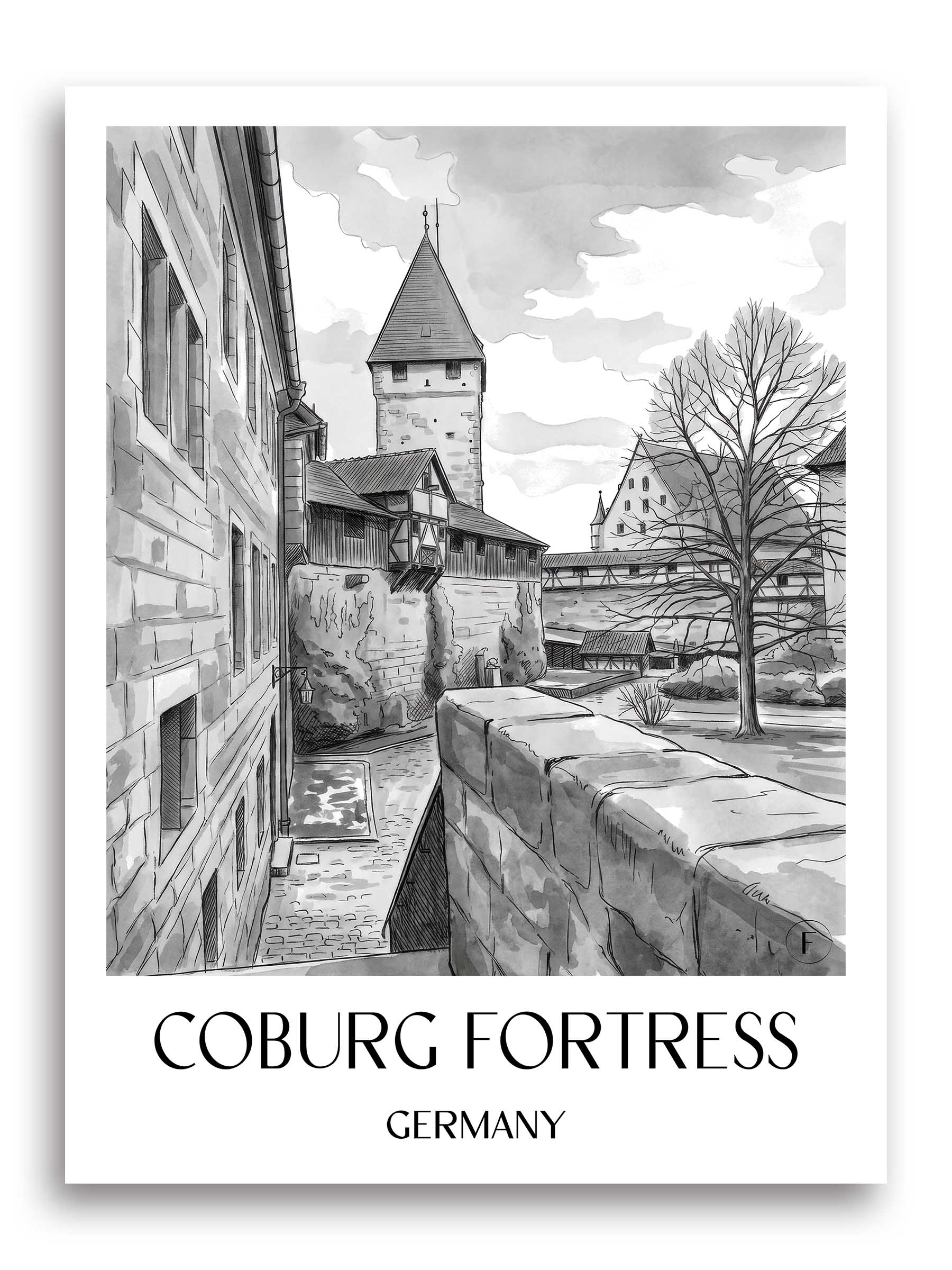 Veste Coburg Poster - - Deutschland Kunstdruck - Aquarell Schwarz-Weiß von A4 bis A1