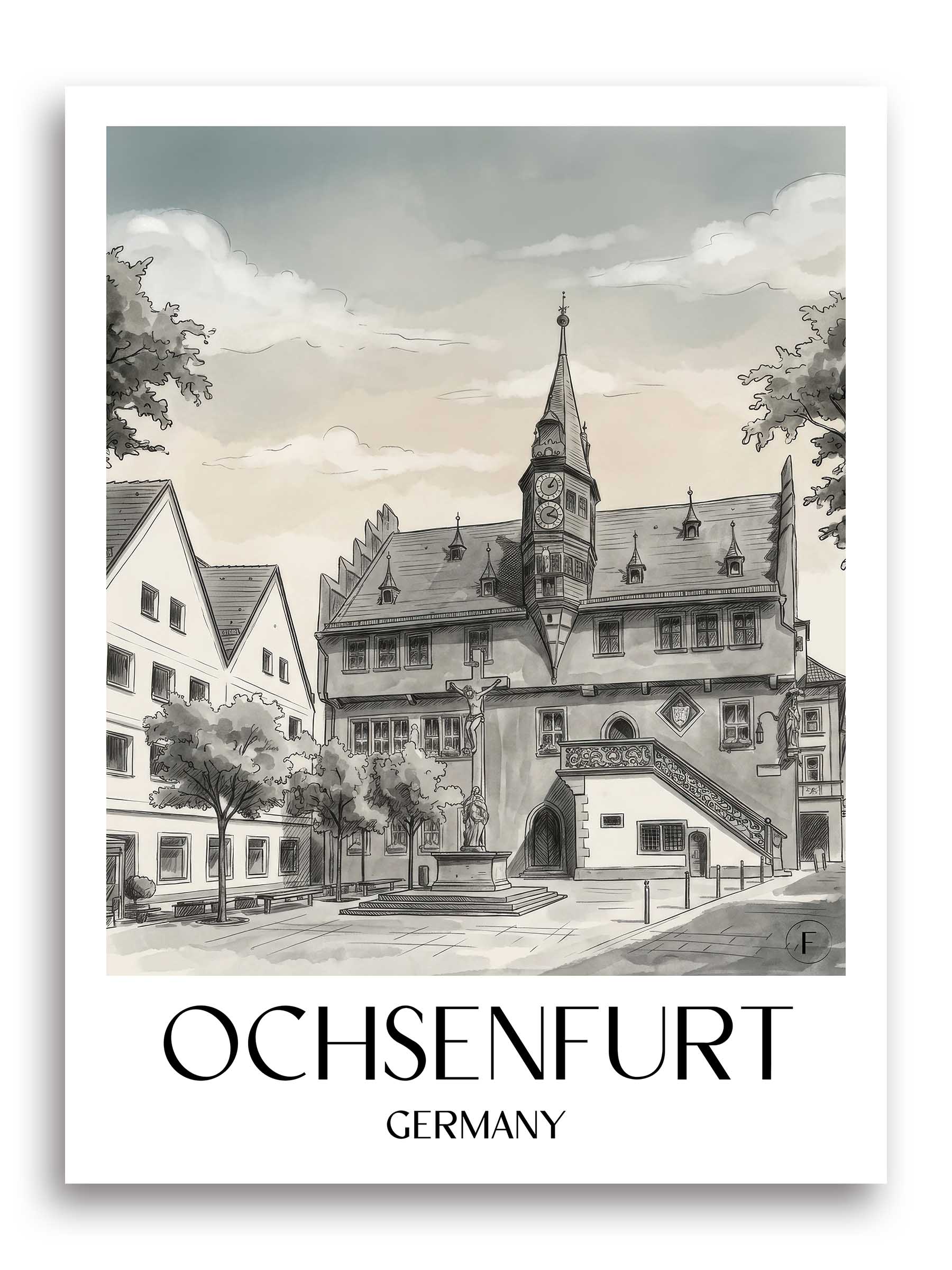 Ochsenfurt Poster - - Deutschland Kunstdruck - Aquarell Schwarz-Weiß von A4 bis A1