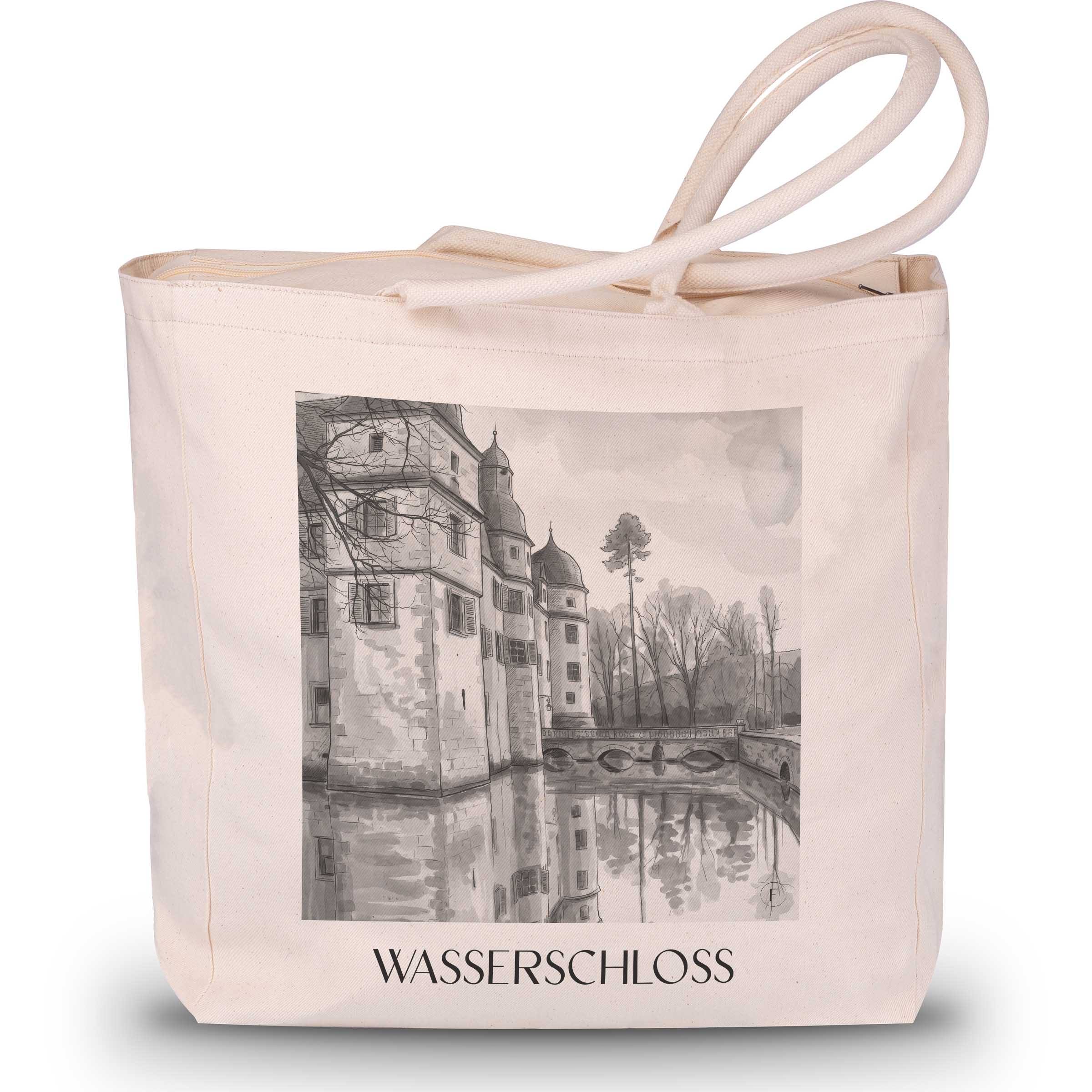 wasserschloss-mitwitz-deutschland-einkaufstasche-aquarell-schwarz-weiss