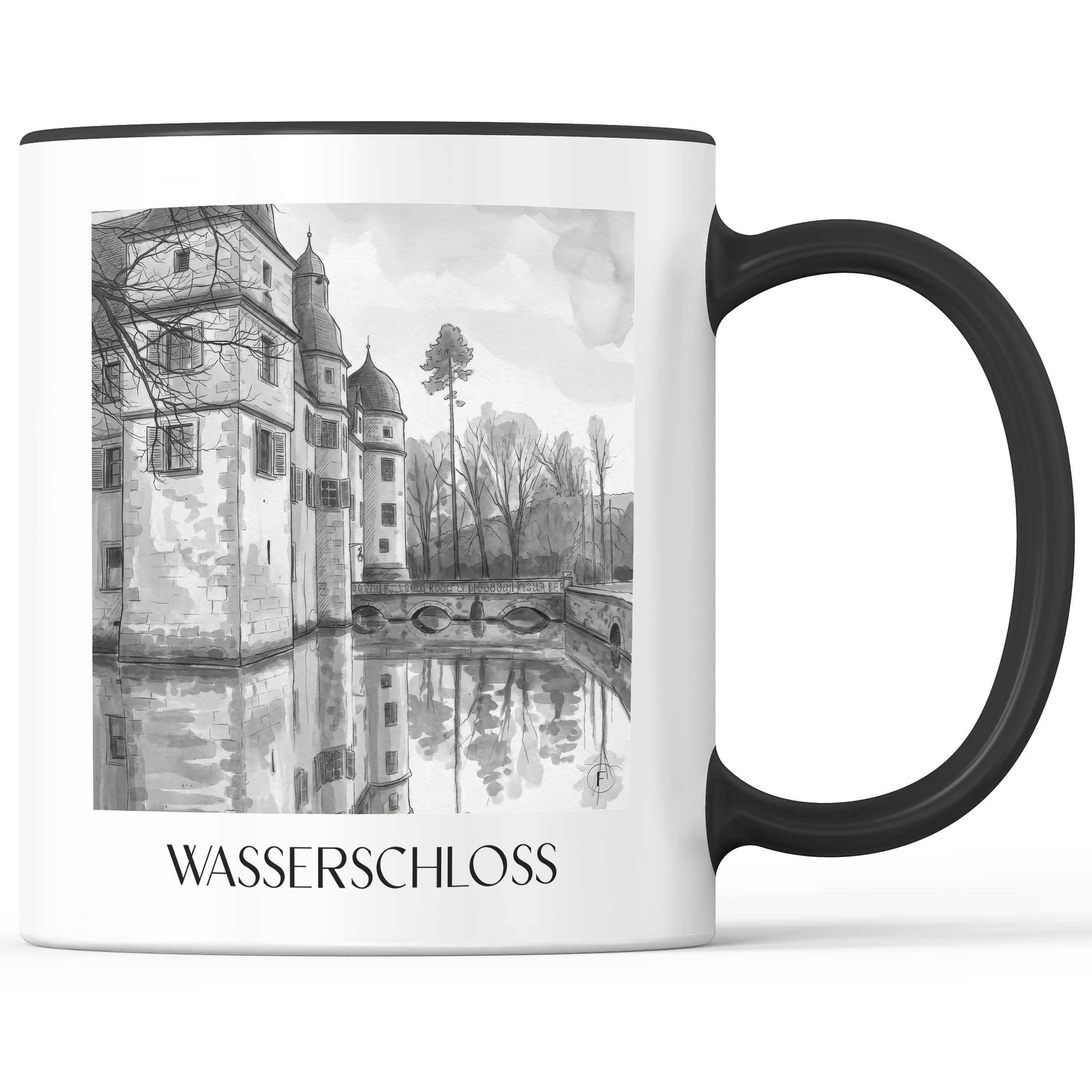 wasserschloss-mitwitz-deutschland-kaffeebecher-aquarell-schwarz-weiss