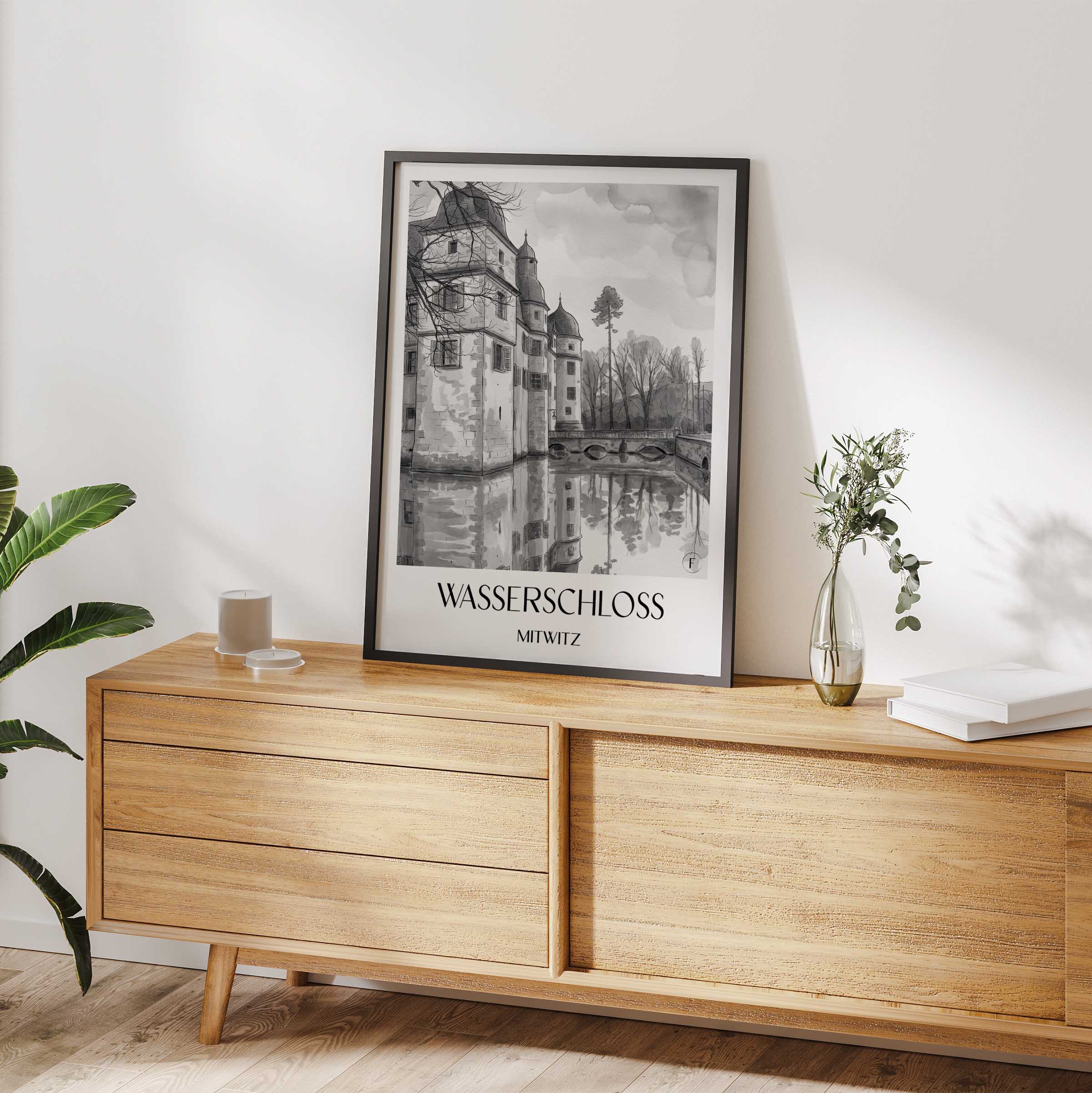 wasserschloss-mitwitz-deutschland-poster-aquarell-schwarz-weiss