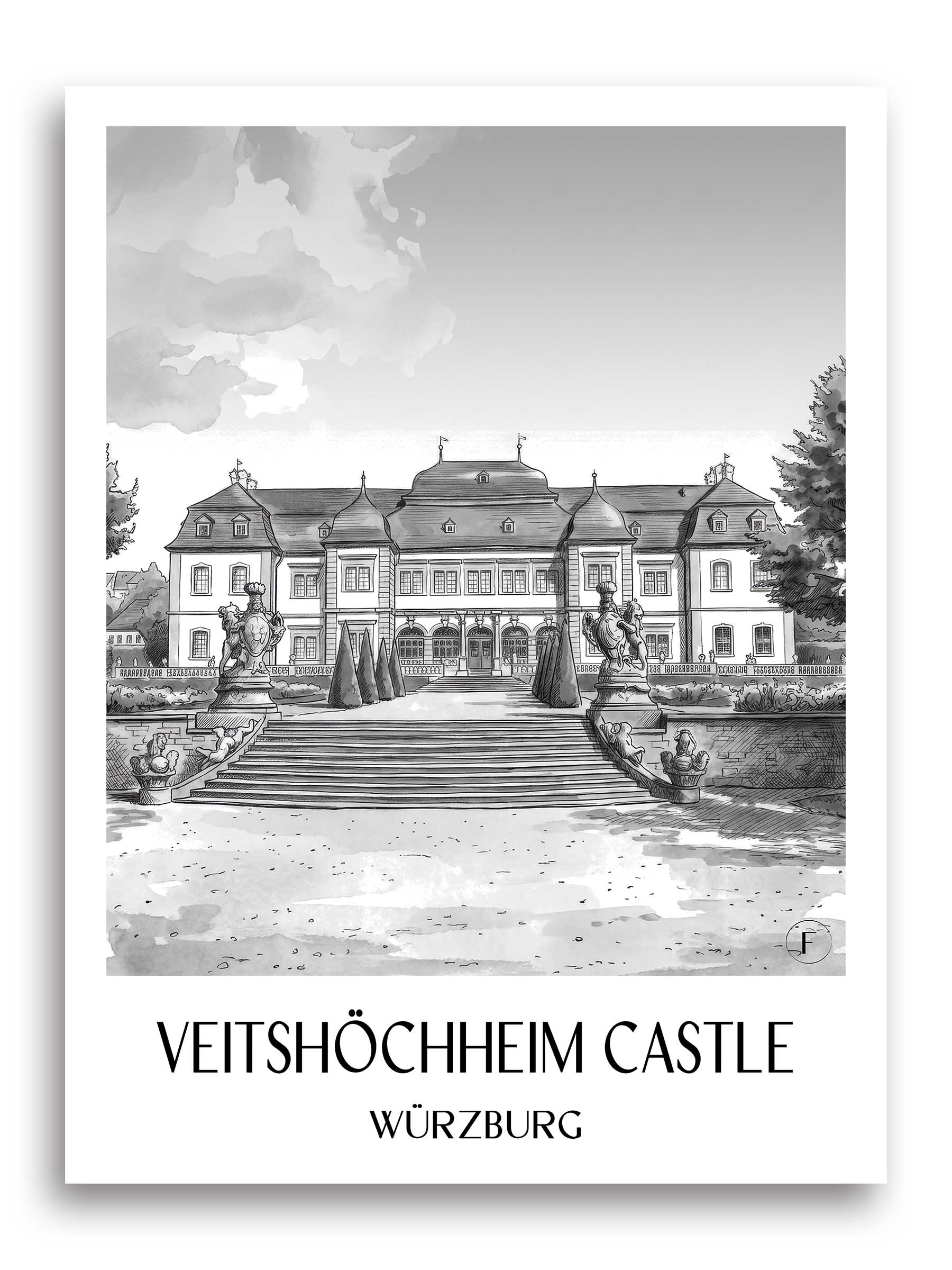 Schloss Veitshöchheim Poster - Würzburg - Deutschland Kunstdruck - Aquarell Schwarz-Weiß von A4 bis A1