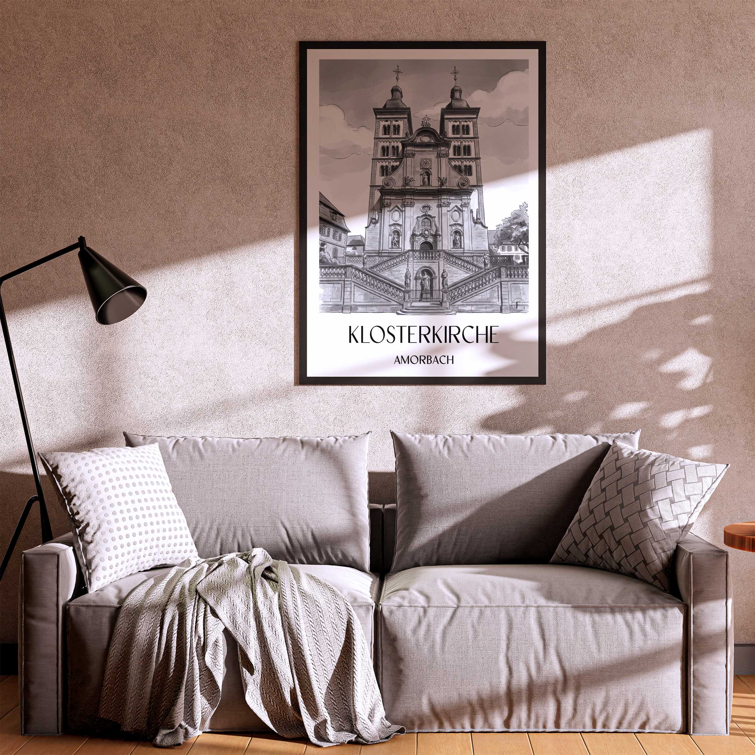 klosterkirche--amorbach-deutschland-poster-aquarell-schwarz-weiss