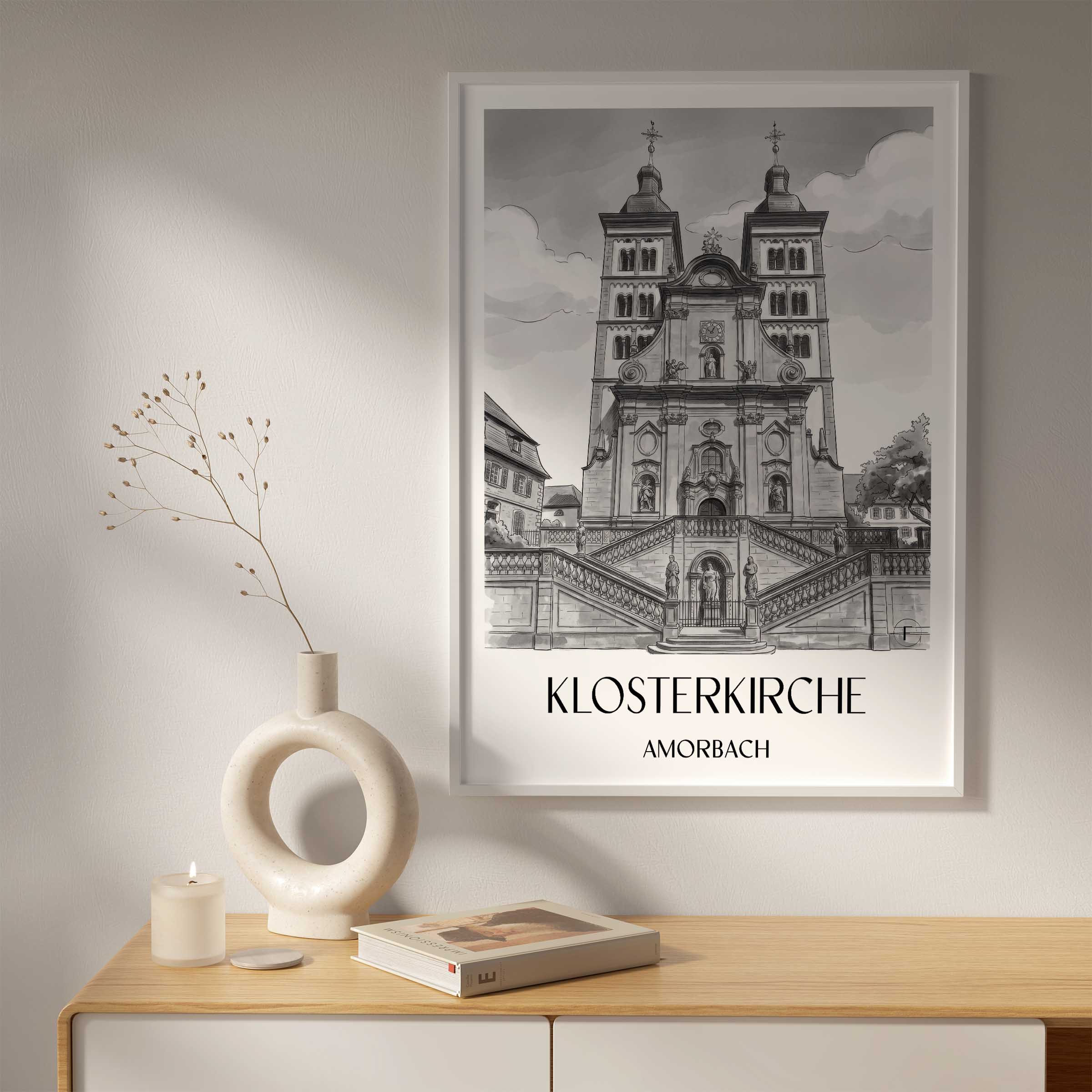 klosterkirche--amorbach-deutschland-poster-aquarell-schwarz-weiss