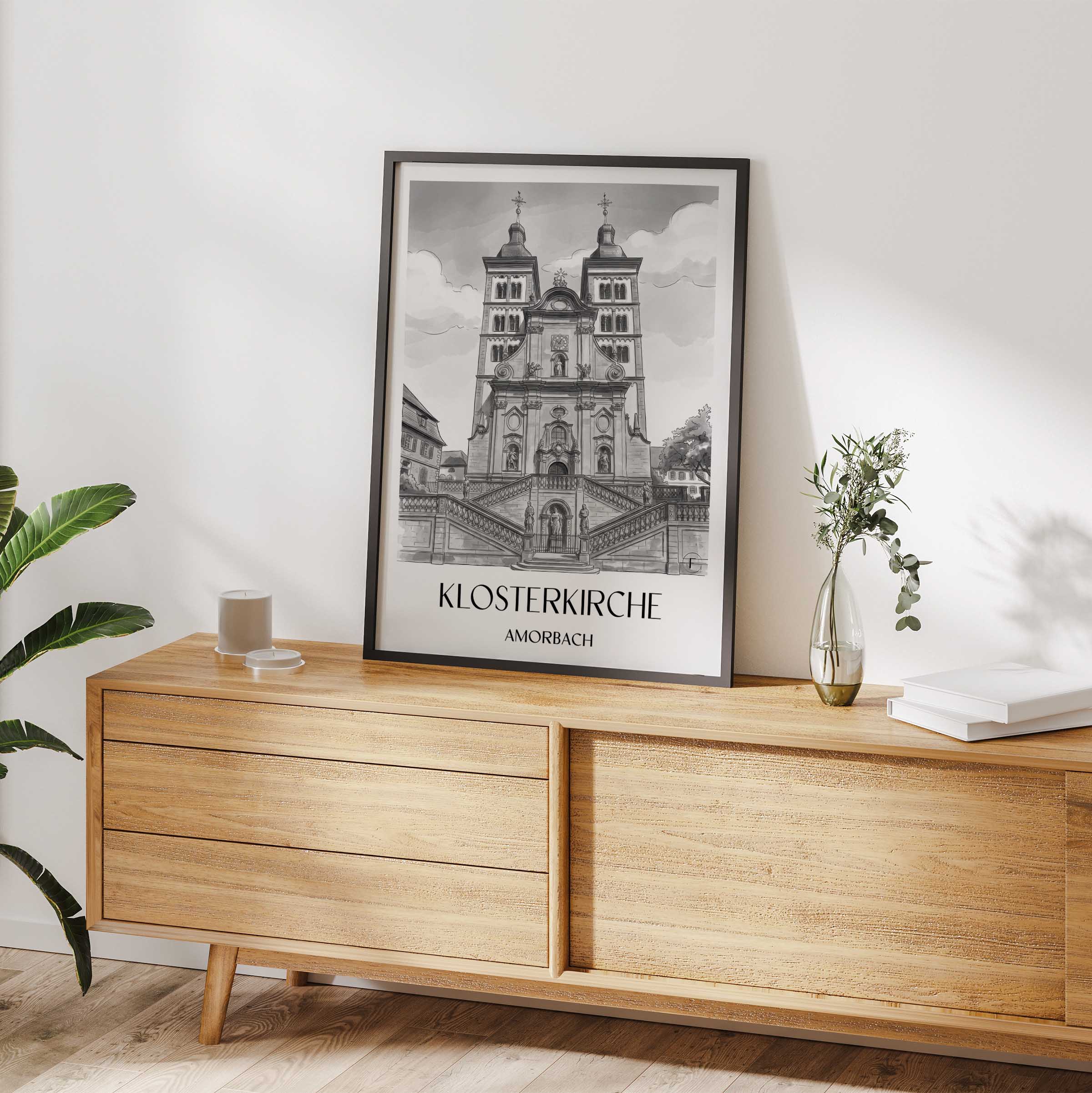 klosterkirche--amorbach-deutschland-poster-aquarell-schwarz-weiss