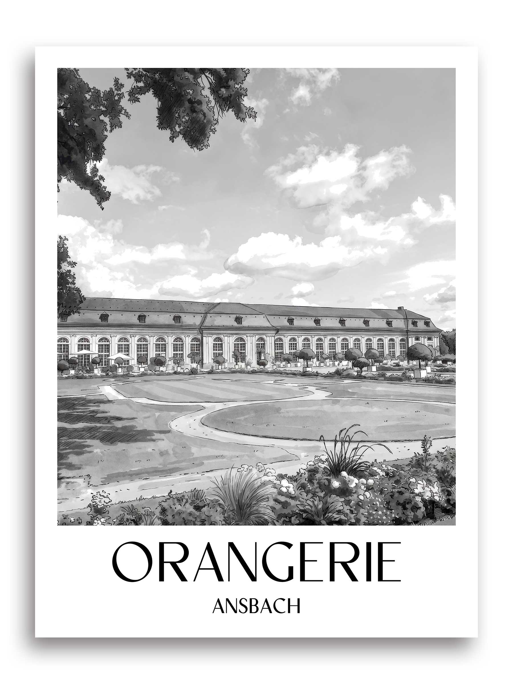 orangerie-ansbach-deutschland-poster-aquarell-schwarz-weiss