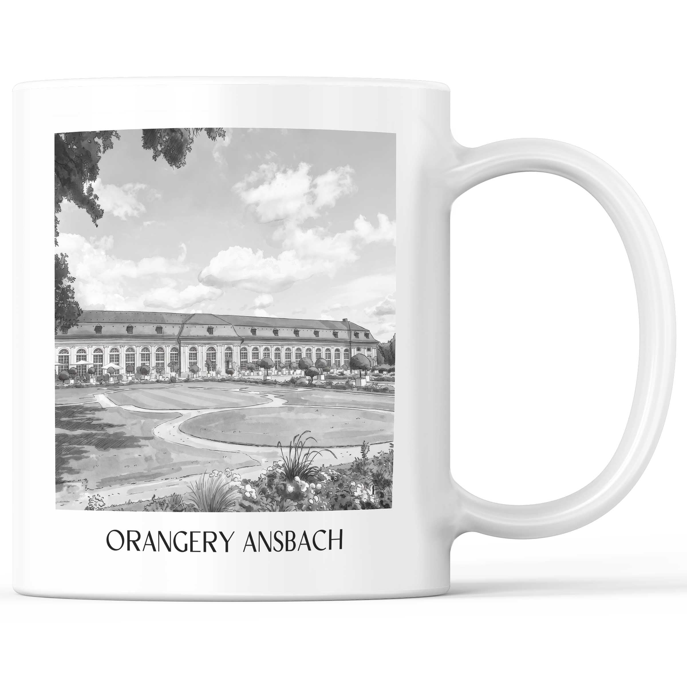 Orangerie Kaffeebecher - Ansbach - Deutschland Becher - Kaffeetasse im Aquarell Schwarz-Weiß Stil