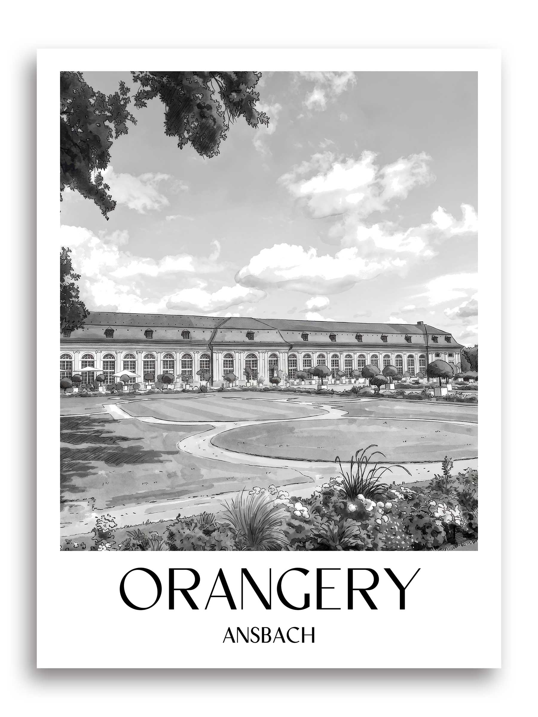 Orangerie Poster - Ansbach - Deutschland Kunstdruck - Aquarell Schwarz-Weiß von A4 bis A1