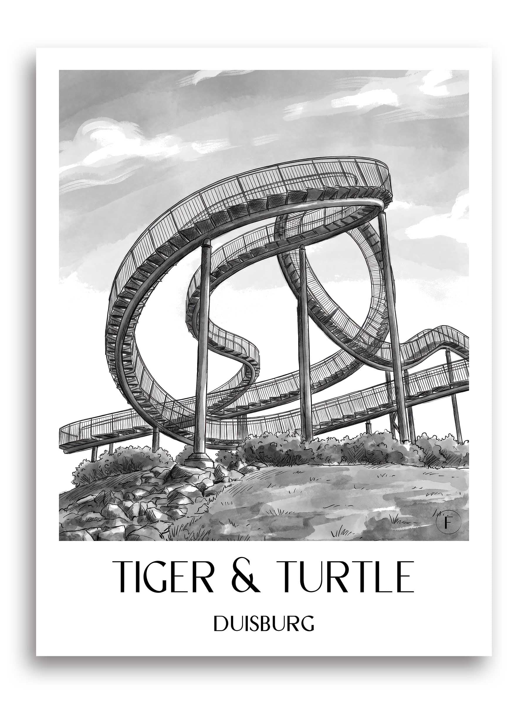 Tiger & Turtle Poster - Duisburg - Deutschland Kunstdruck - Aquarell Schwarz-Weiß von A4 bis A1