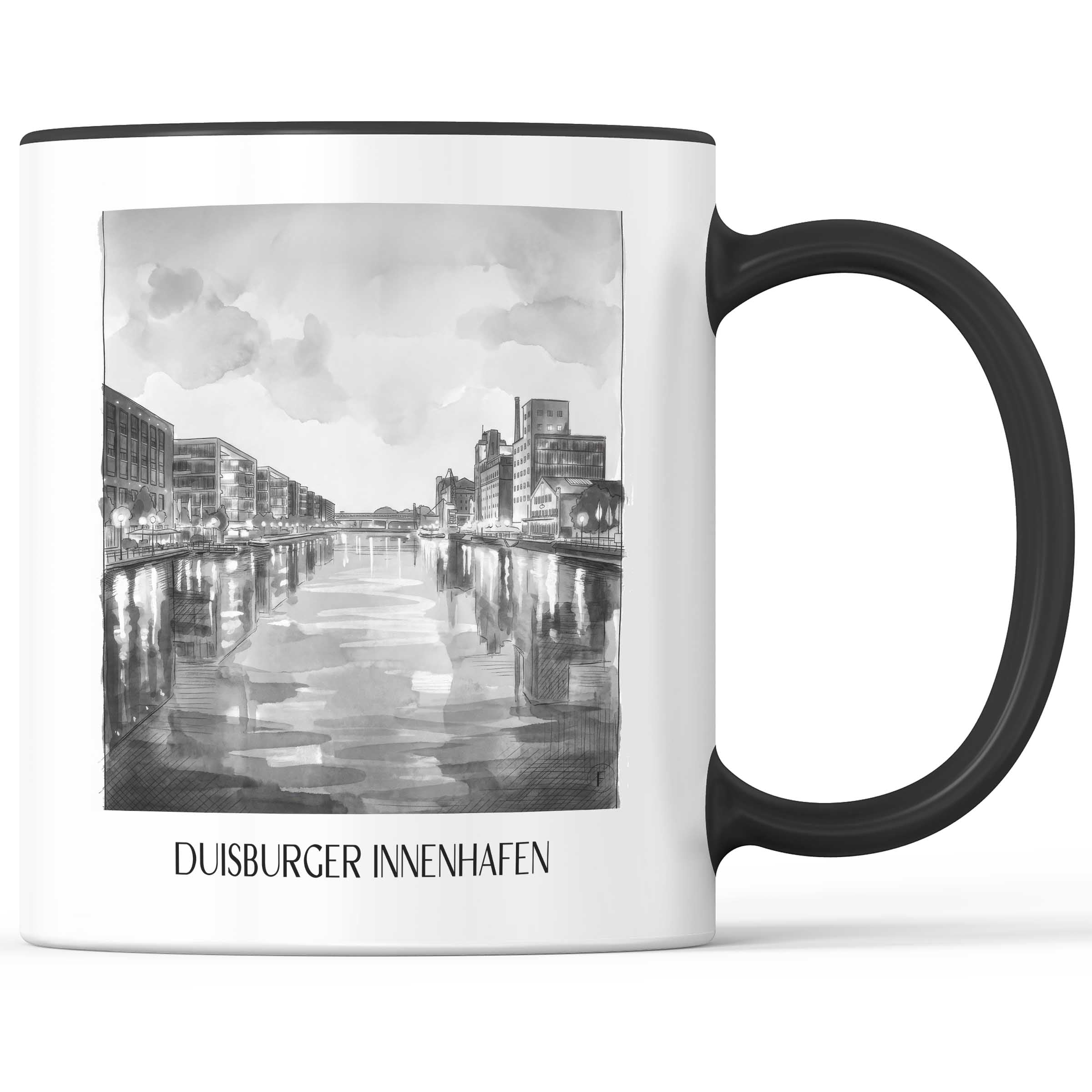 innenhafen-duisburg-deutschland-kaffeebecher-aquarell-schwarz-weiss