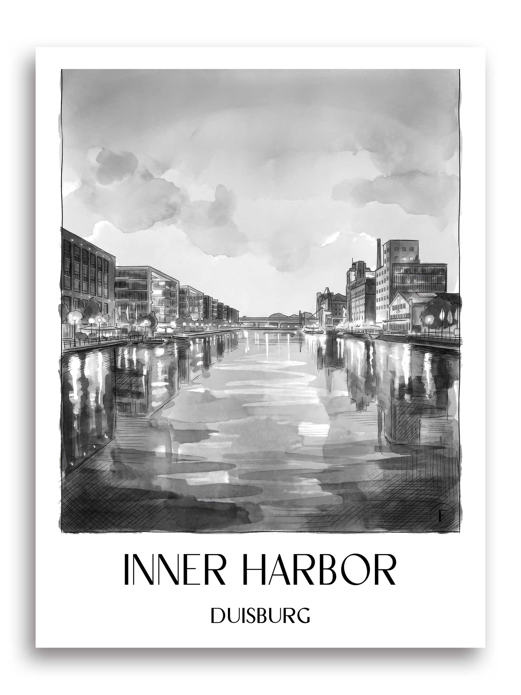 Innenhafen Poster - Duisburg - Deutschland Kunstdruck - Aquarell Schwarz-Weiß von A4 bis A1
