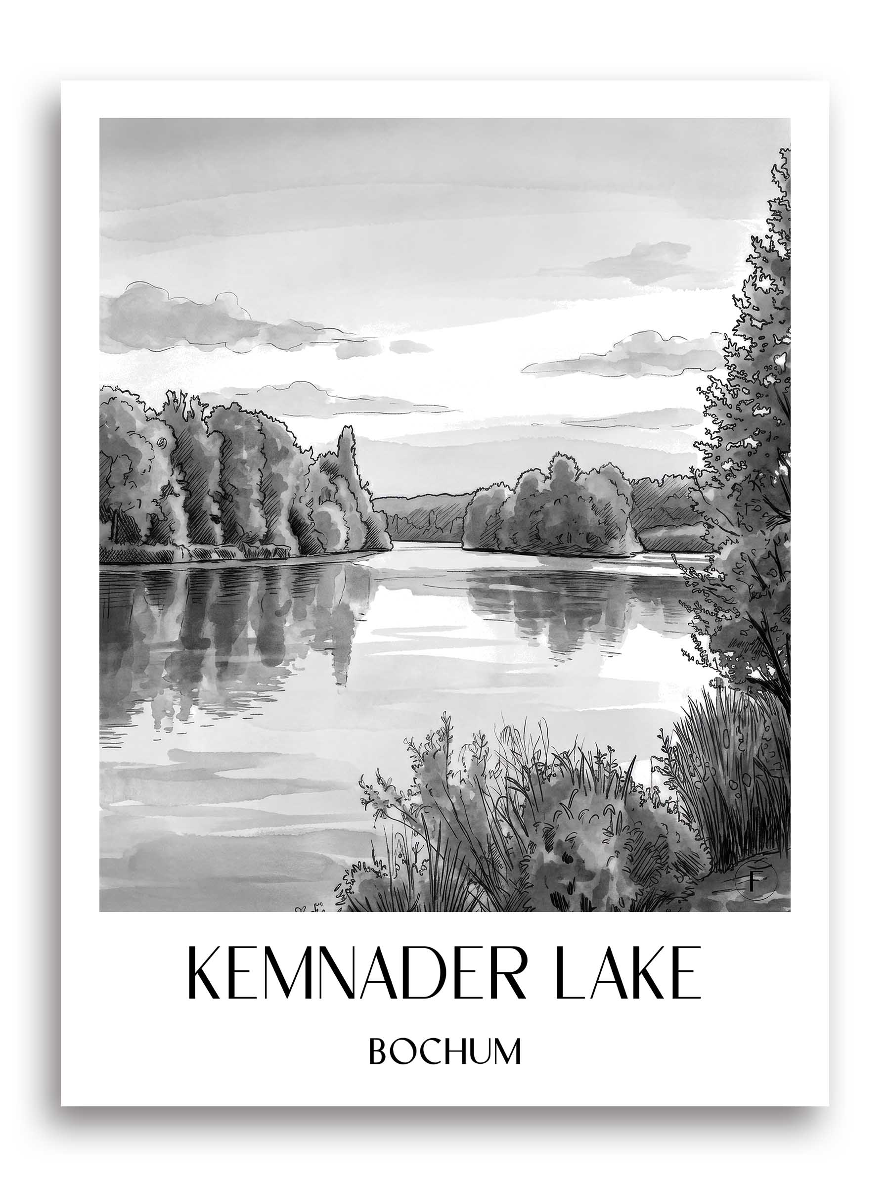 Kemnader See Poster - Bochum - Deutschland Kunstdruck - Aquarell Schwarz-Weiß von A4 bis A1