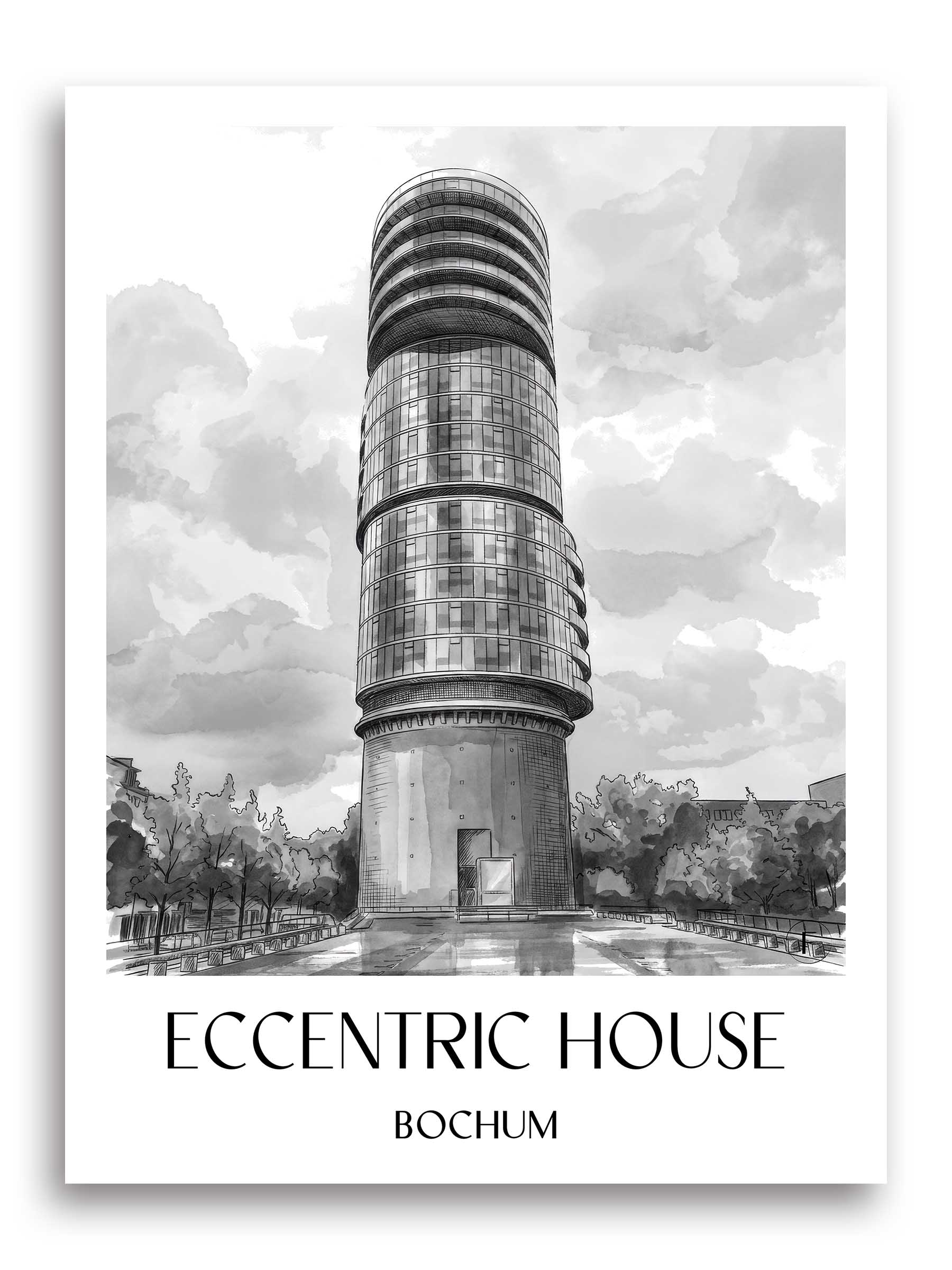 Exzenterhaus Poster - Bochum - Deutschland Kunstdruck - Aquarell Schwarz-Weiß von A4 bis A1