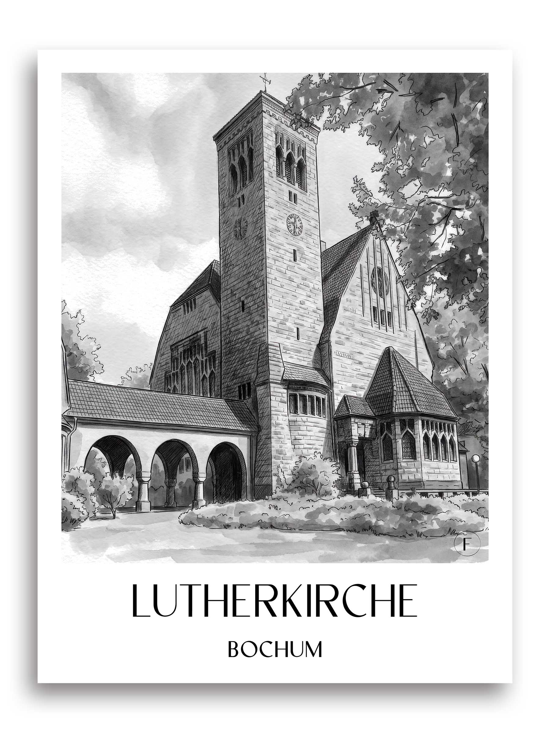lutherkirche-bochum-deutschland-poster-aquarell-schwarz-weiss