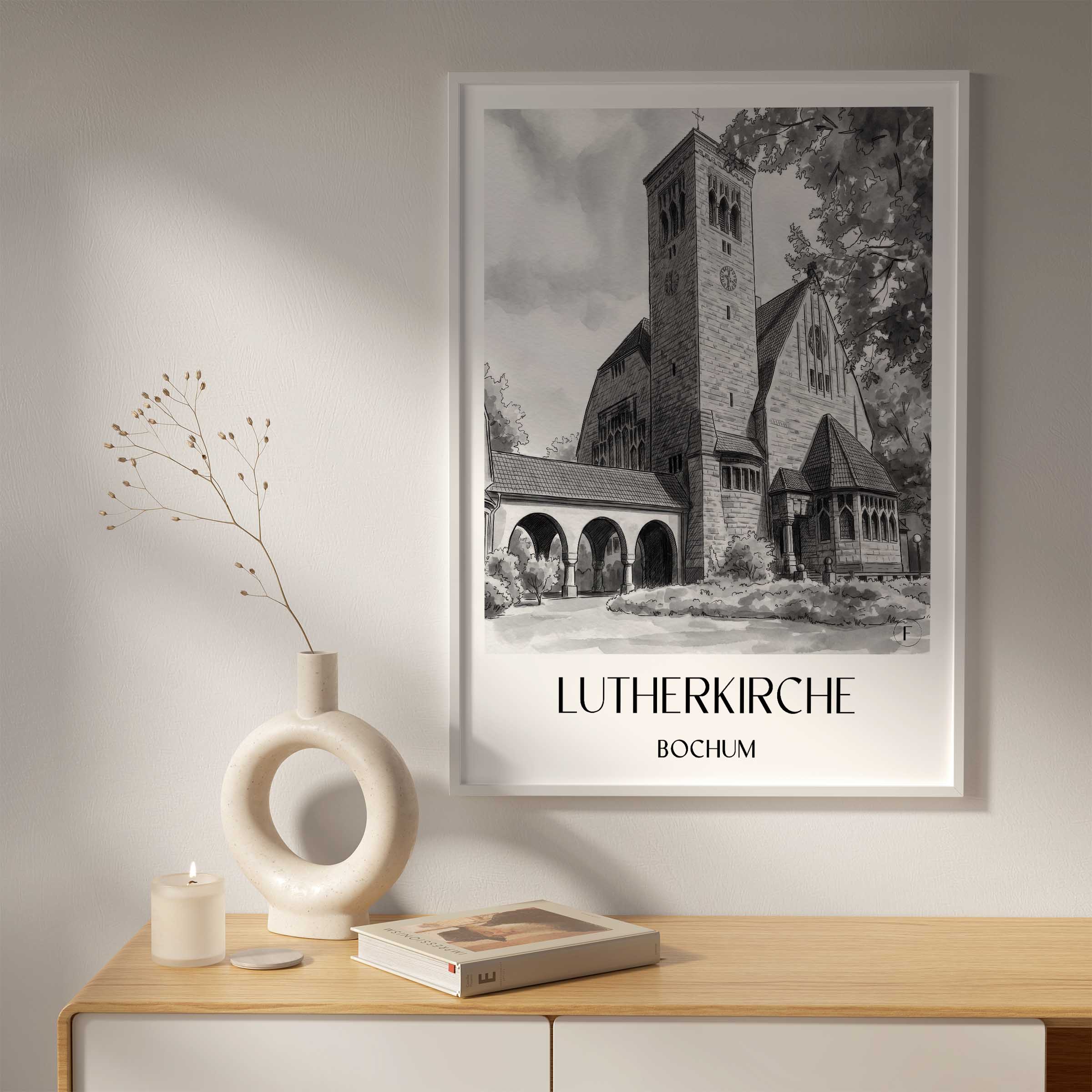 lutherkirche-bochum-deutschland-poster-aquarell-schwarz-weiss