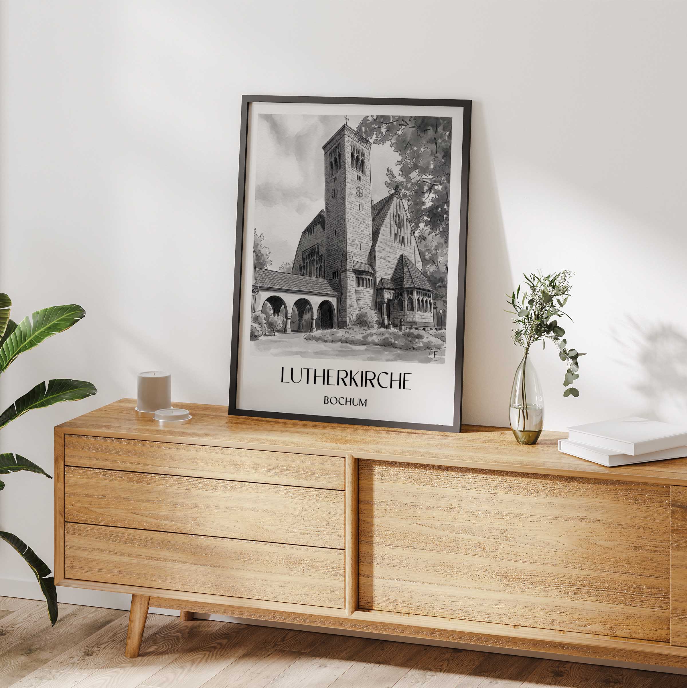 lutherkirche-bochum-deutschland-poster-aquarell-schwarz-weiss