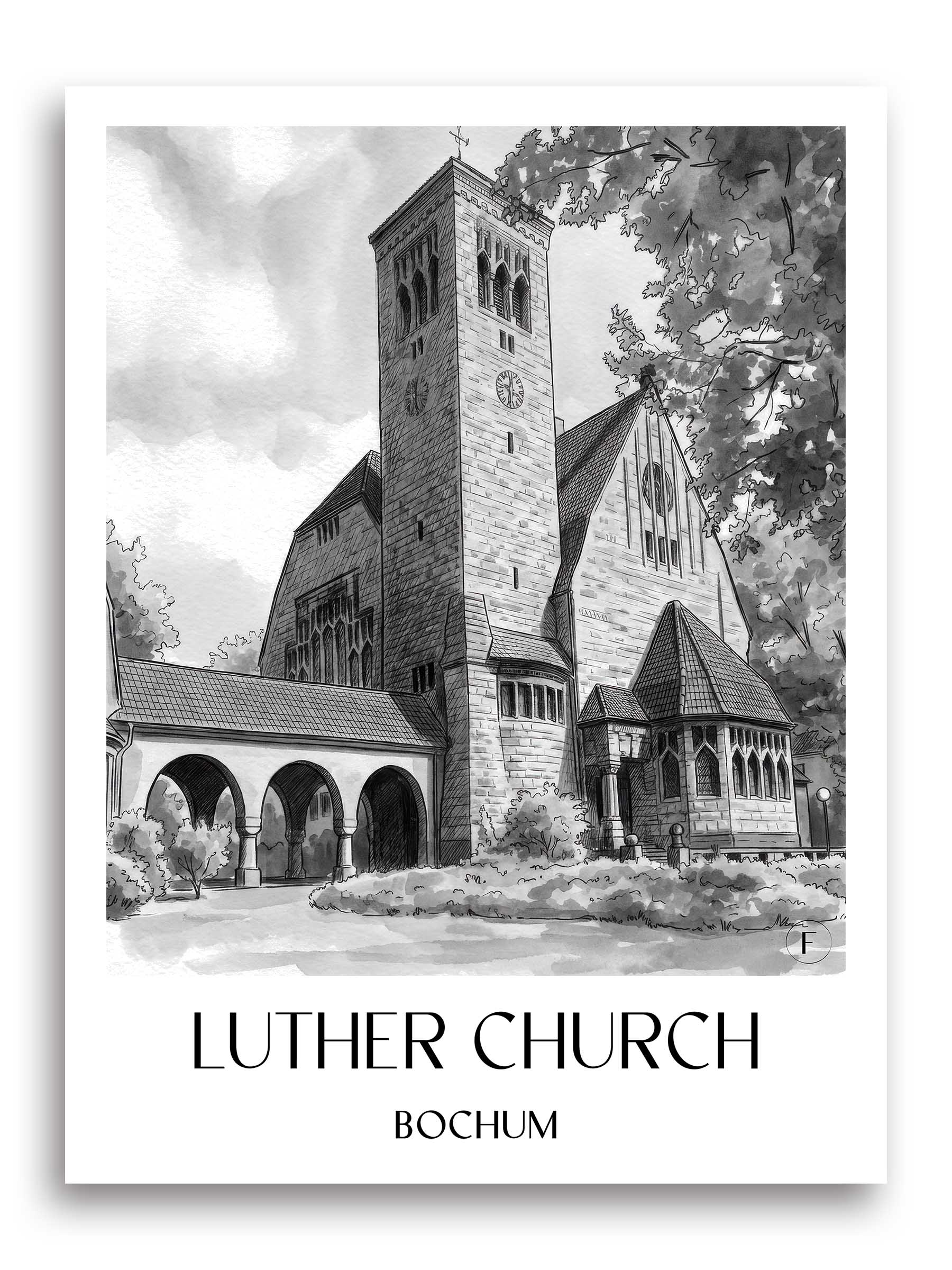 Lutherkirche Poster - Bochum - Deutschland Kunstdruck - Aquarell Schwarz-Weiß von A4 bis A1
