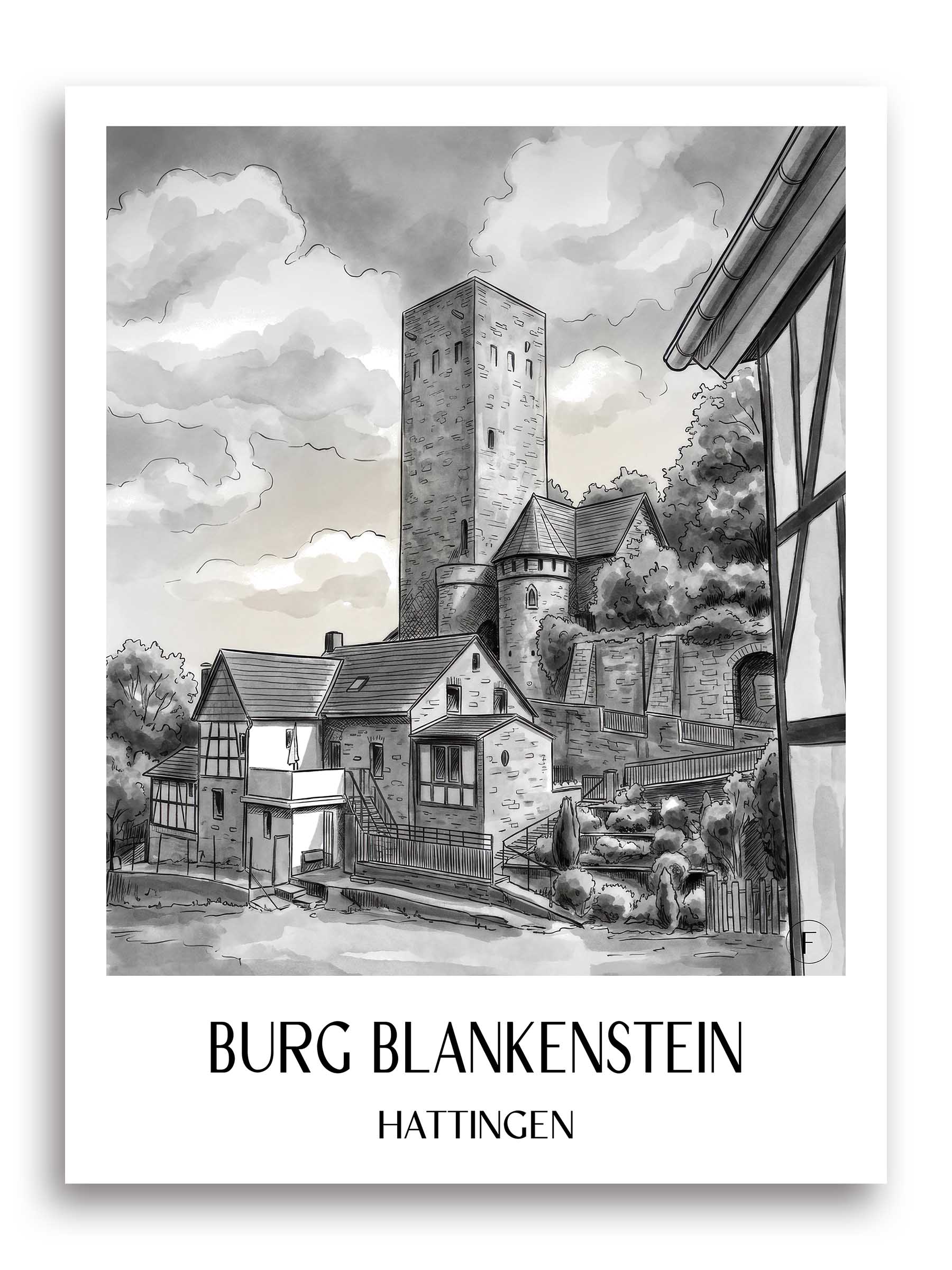 burg-blankenstein-hattingen-deutschland-poster-aquarell-schwarz-weiss