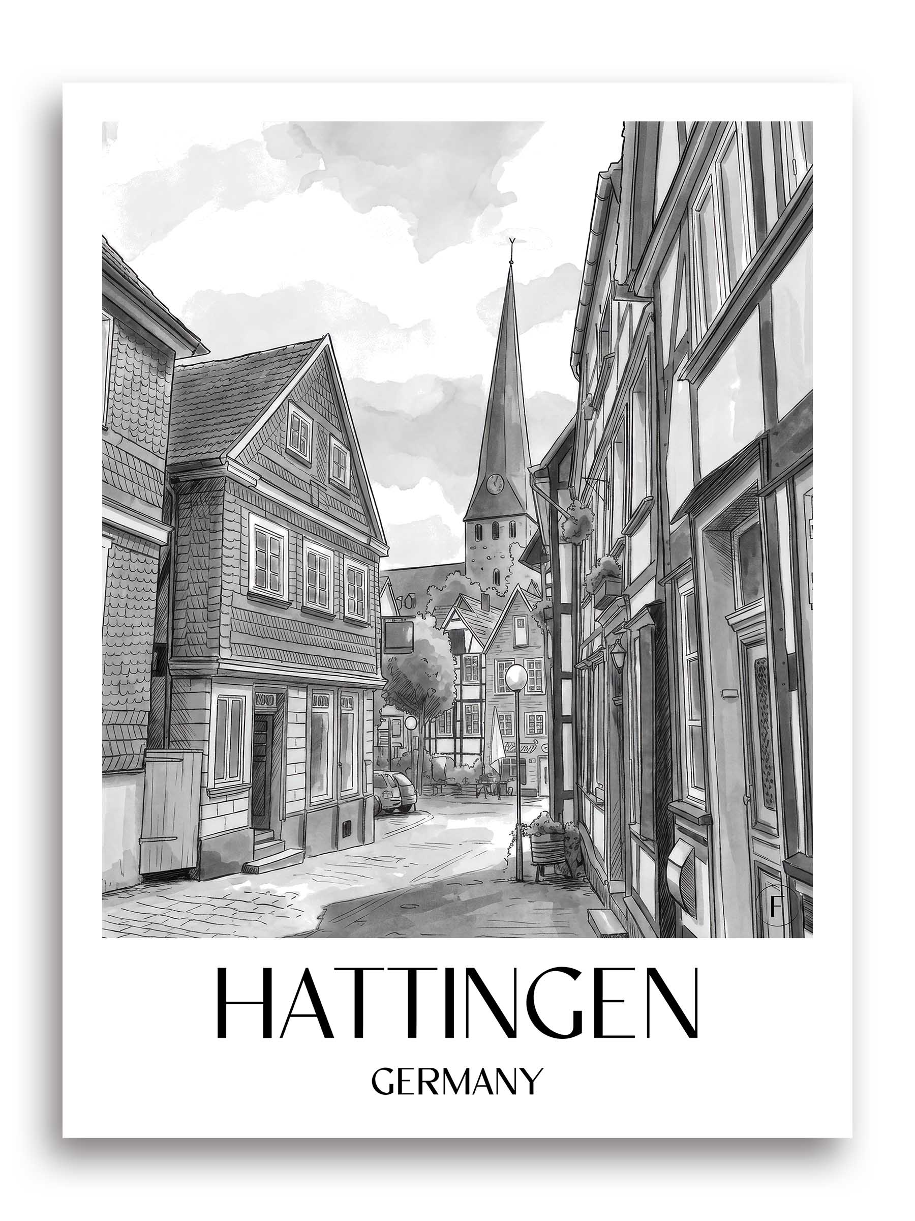 Hattingen Poster - - Deutschland Kunstdruck - Aquarell Schwarz-Weiß von A4 bis A1