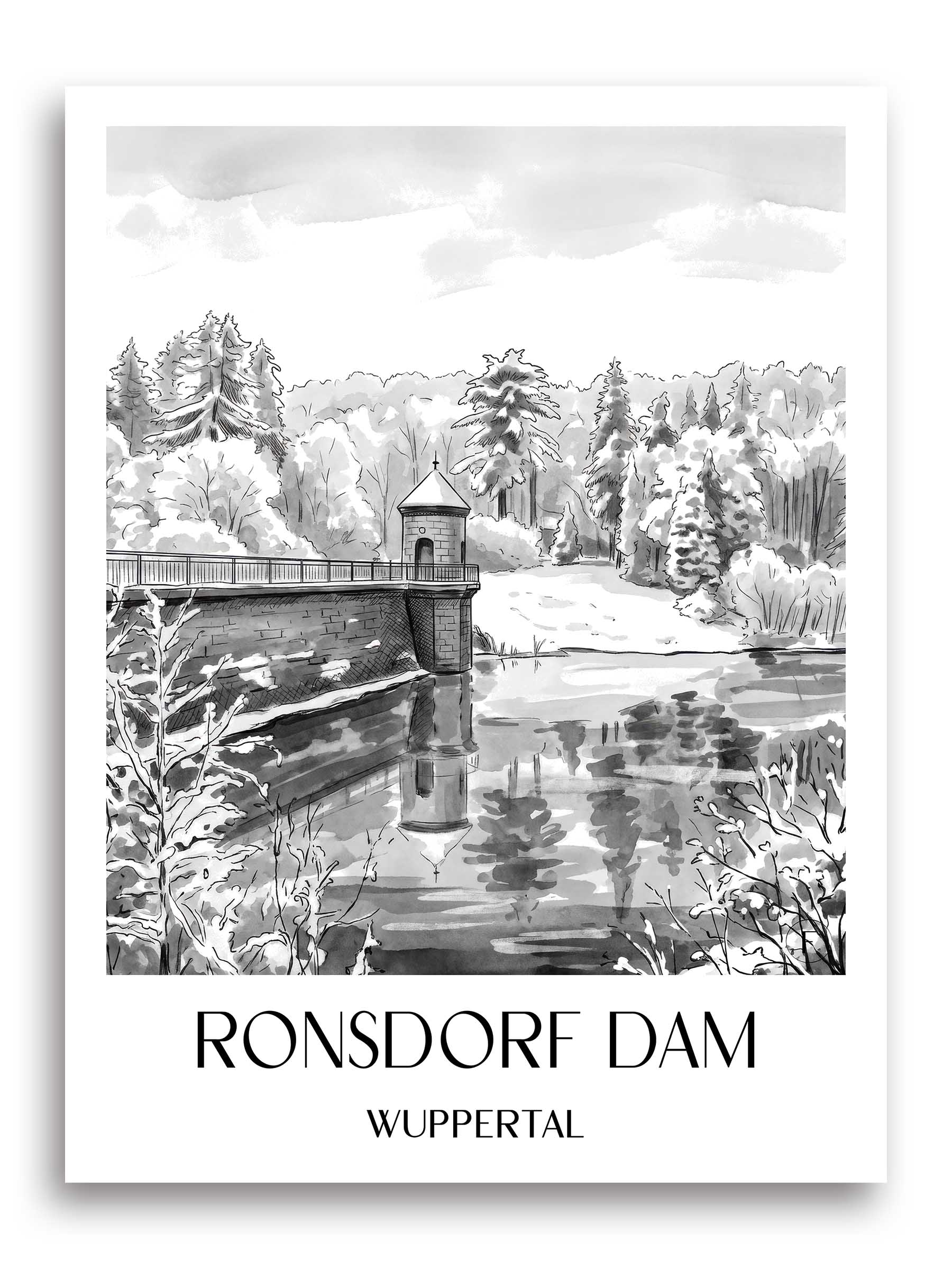 Ronsdorfer Talsperre Poster - Wuppertal - Deutschland Kunstdruck - Aquarell Schwarz-Weiß von A4 bis A1