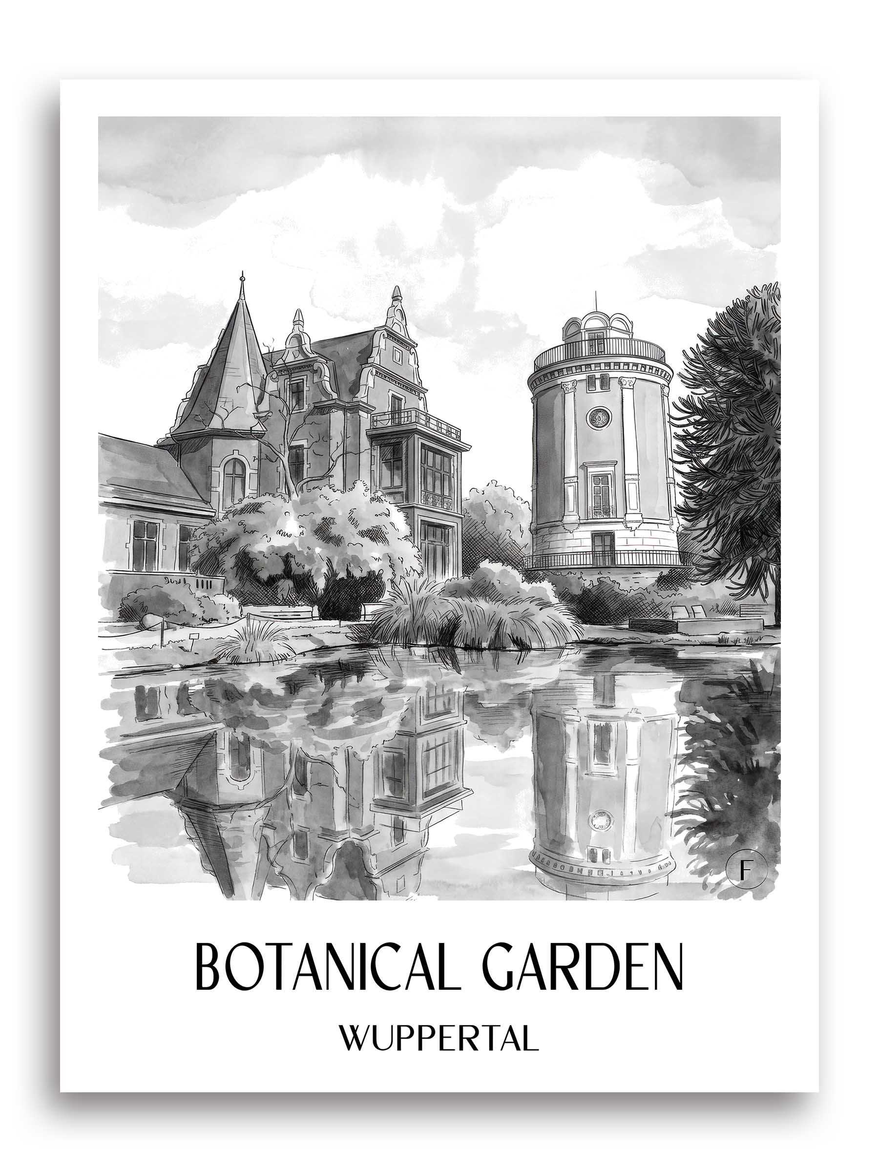 Botanischer Garten Poster - Wuppertal - Deutschland Kunstdruck - Aquarell Schwarz-Weiß von A4 bis A1