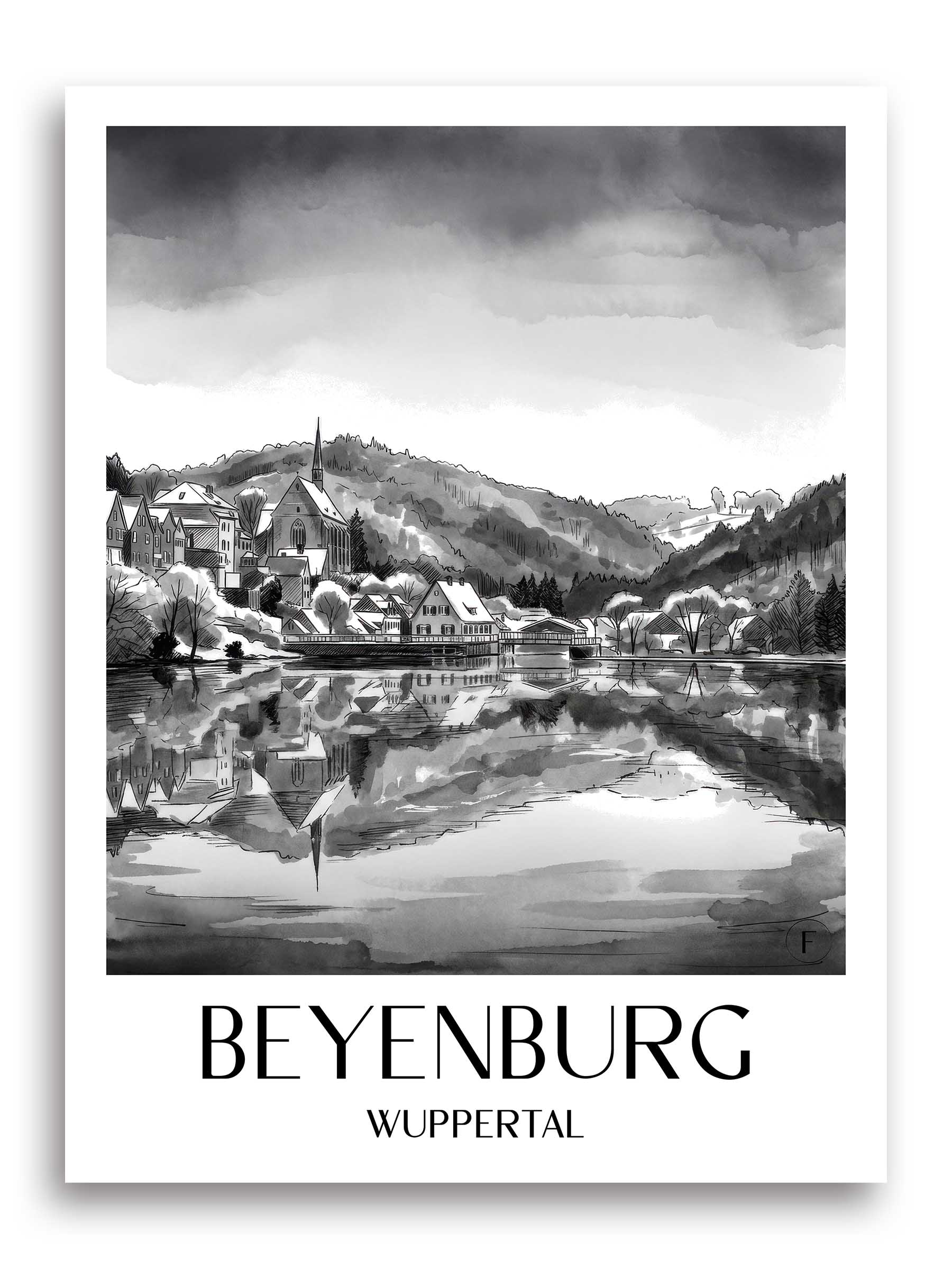 Beyenburg Poster - Wuppertal - Deutschland Kunstdruck - Aquarell Schwarz-Weiß von A4 bis A1