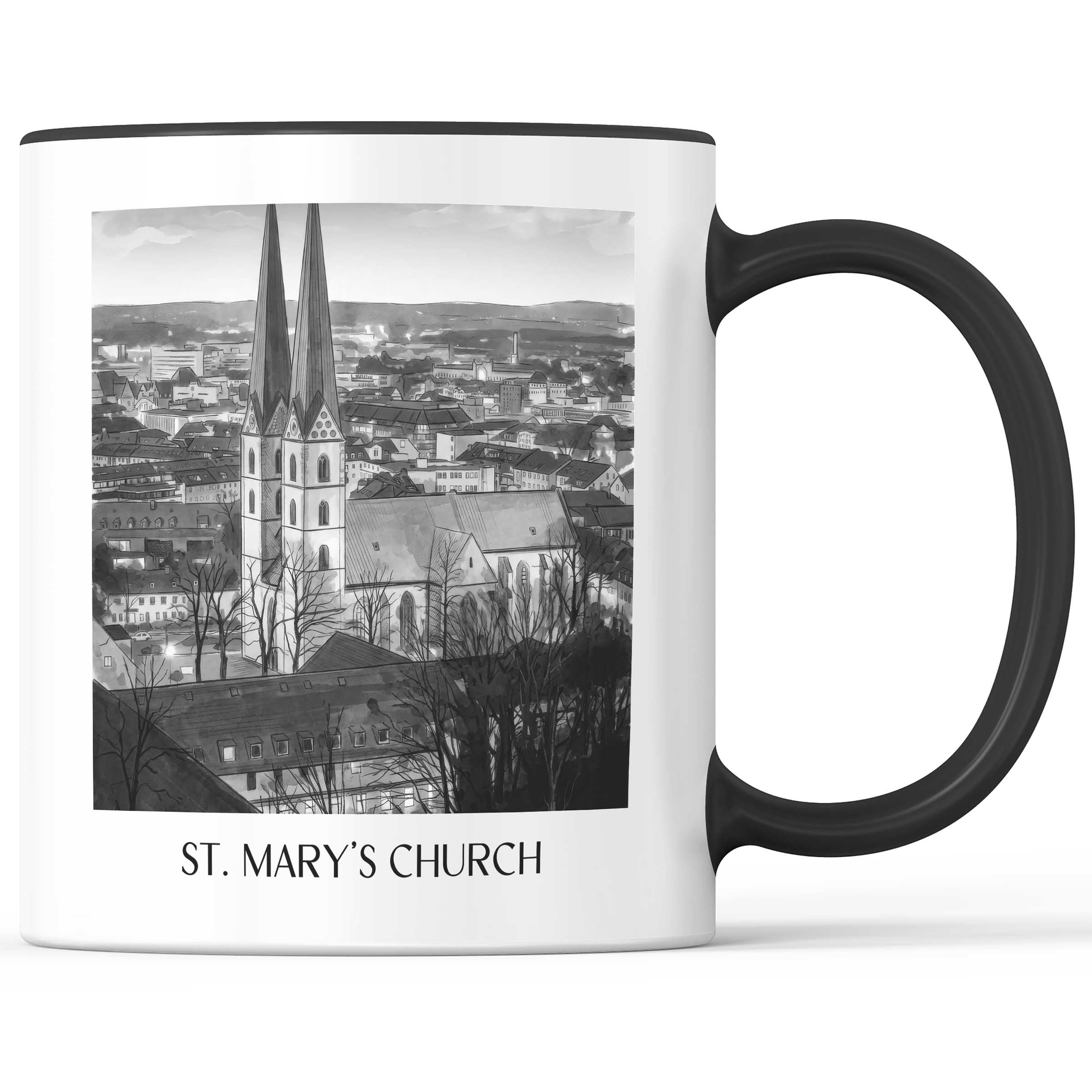 Marienkirche Kaffeebecher - Bielefeld - Deutschland Becher - Kaffeetasse im Aquarell Schwarz-Weiß Stil