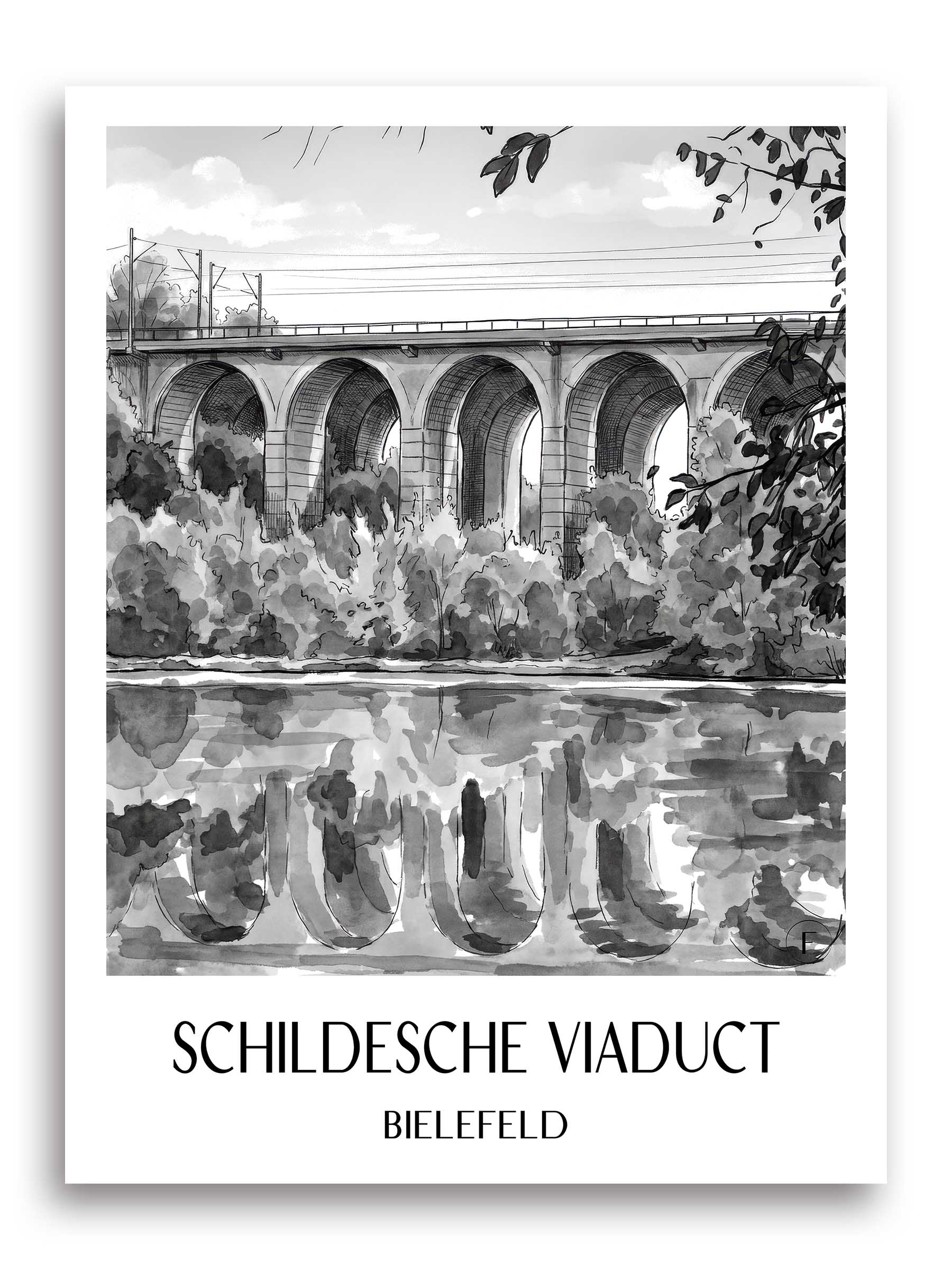 Schildescher Viadukt Poster - Bielefeld - Deutschland Kunstdruck - Aquarell Schwarz-Weiß von A4 bis A1