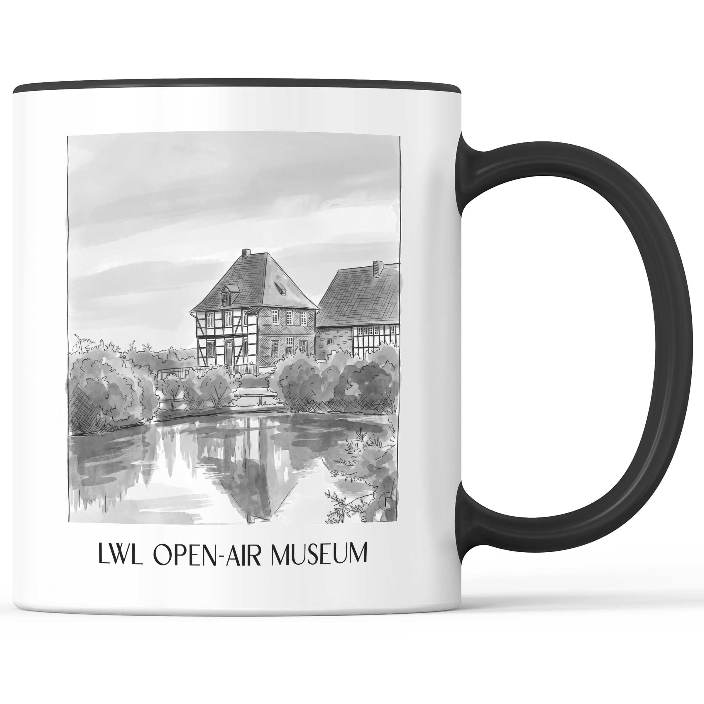 LWL-Freilichtmuseum Kaffeebecher - Detmold - Deutschland Becher - Kaffeetasse im Aquarell Schwarz-Weiß Stil