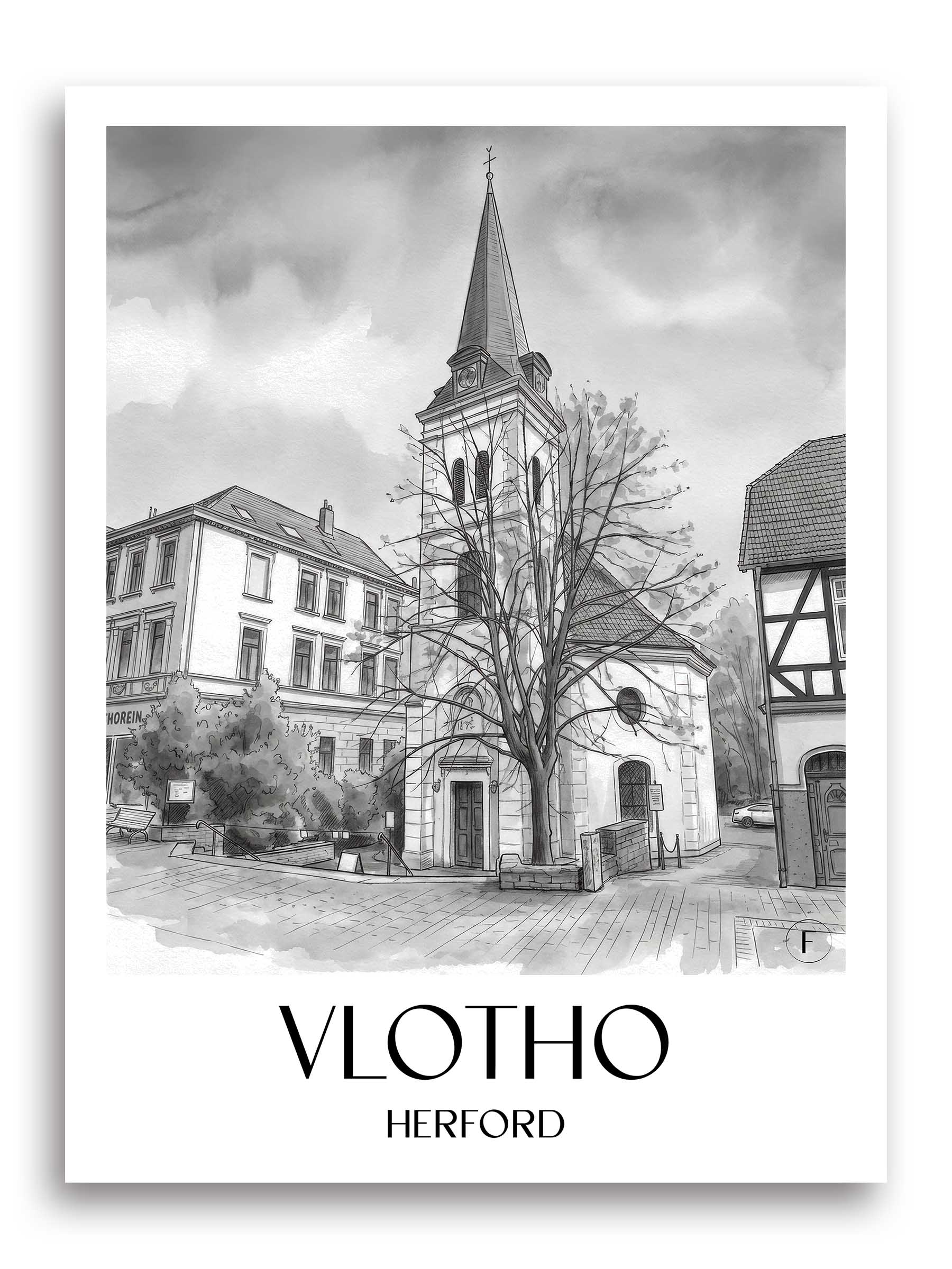 Vlotho Poster - Herford - Deutschland Kunstdruck - Aquarell Schwarz-Weiß von A4 bis A1