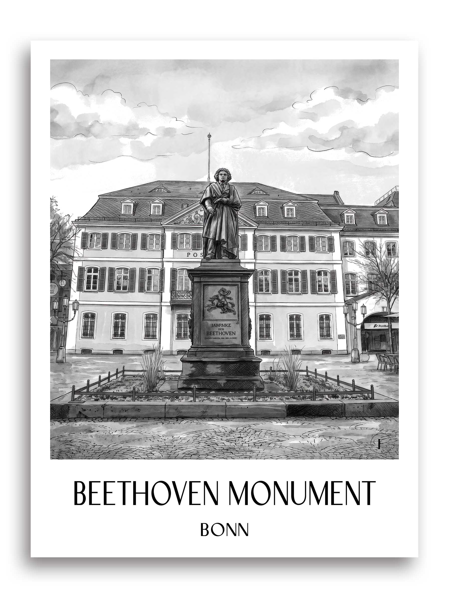 Beethoven-Denkmal Poster - Bonn - Deutschland Kunstdruck - Aquarell Schwarz-Weiß von A4 bis A1