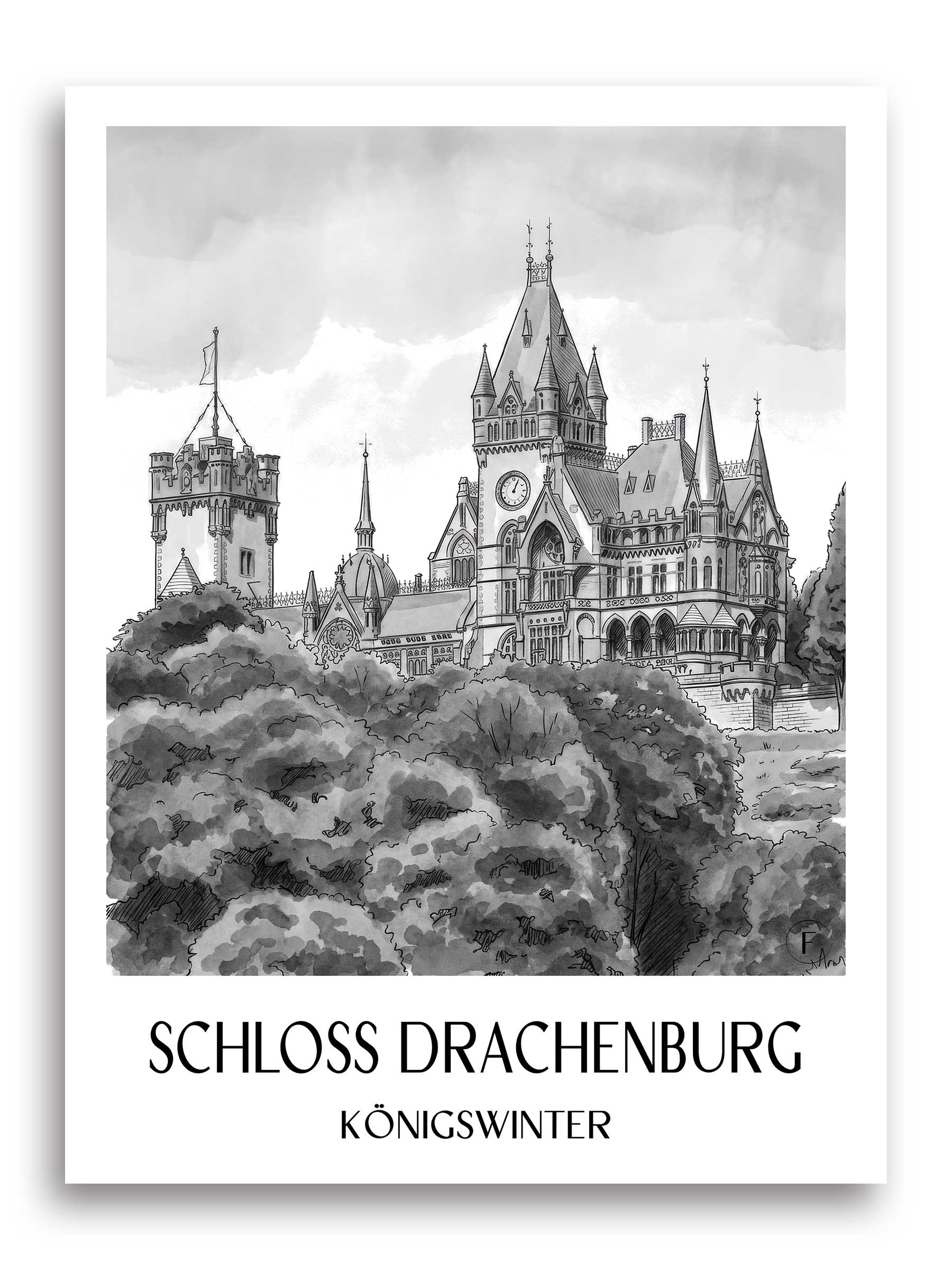 schloss-drachenburg-königswinter-deutschland-poster-aquarell-schwarz-weiss