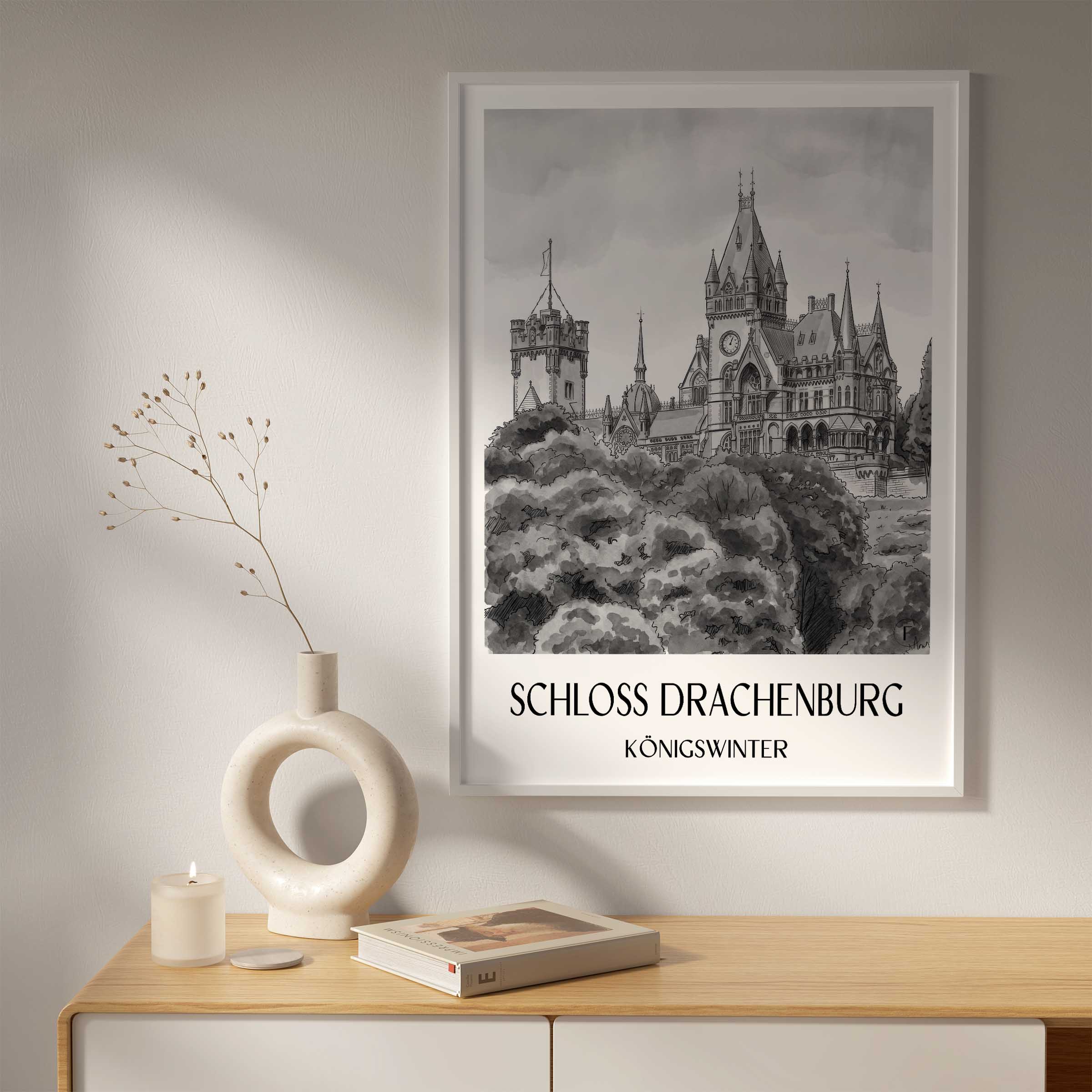 schloss-drachenburg-königswinter-deutschland-poster-aquarell-schwarz-weiss