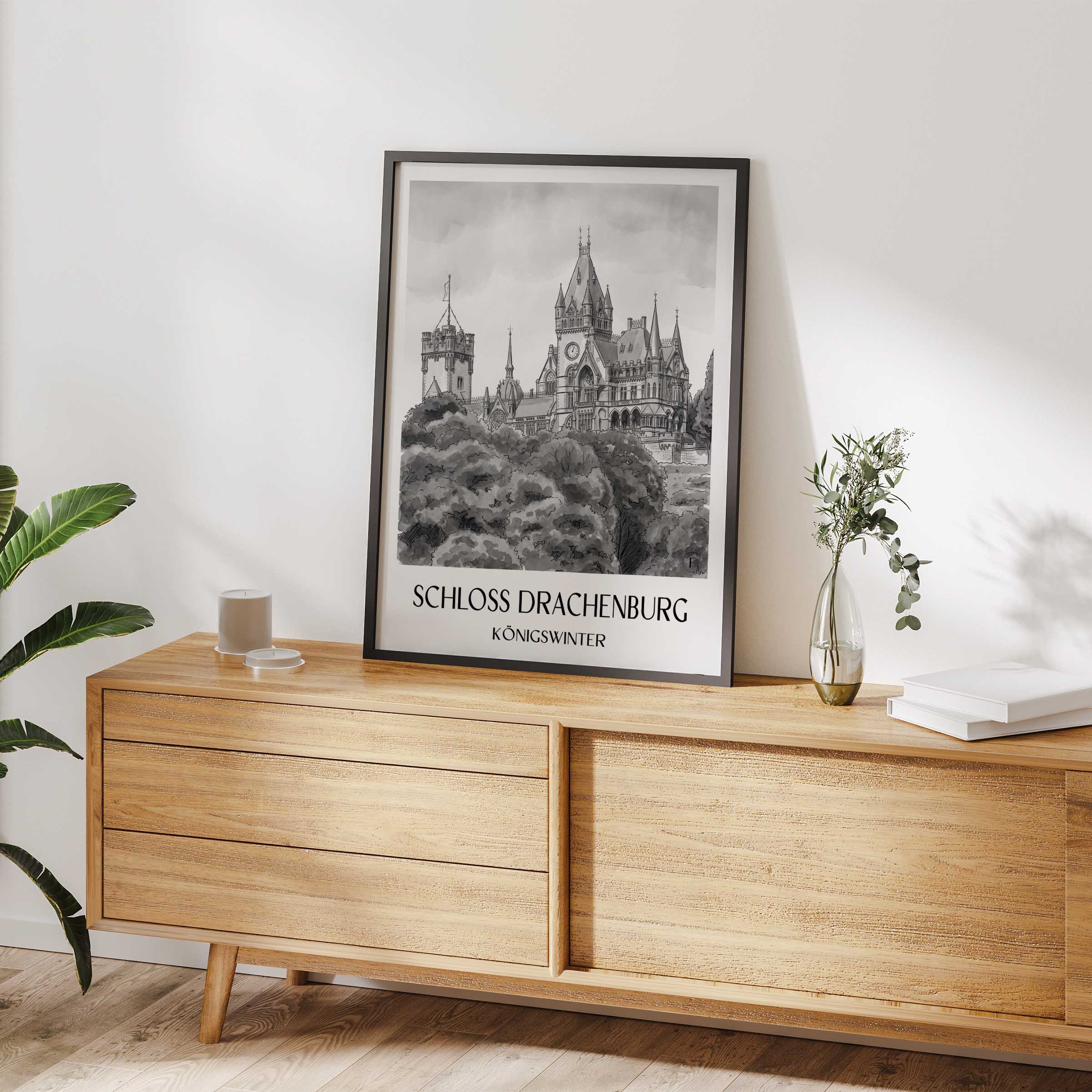 schloss-drachenburg-königswinter-deutschland-poster-aquarell-schwarz-weiss