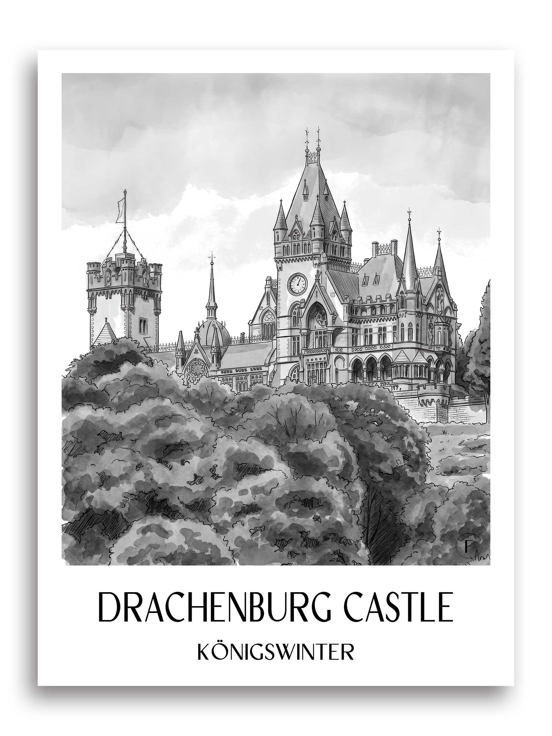 Schloss Drachenburg Poster - Königswinter - Deutschland Kunstdruck - Aquarell Schwarz-Weiß von A4 bis A1