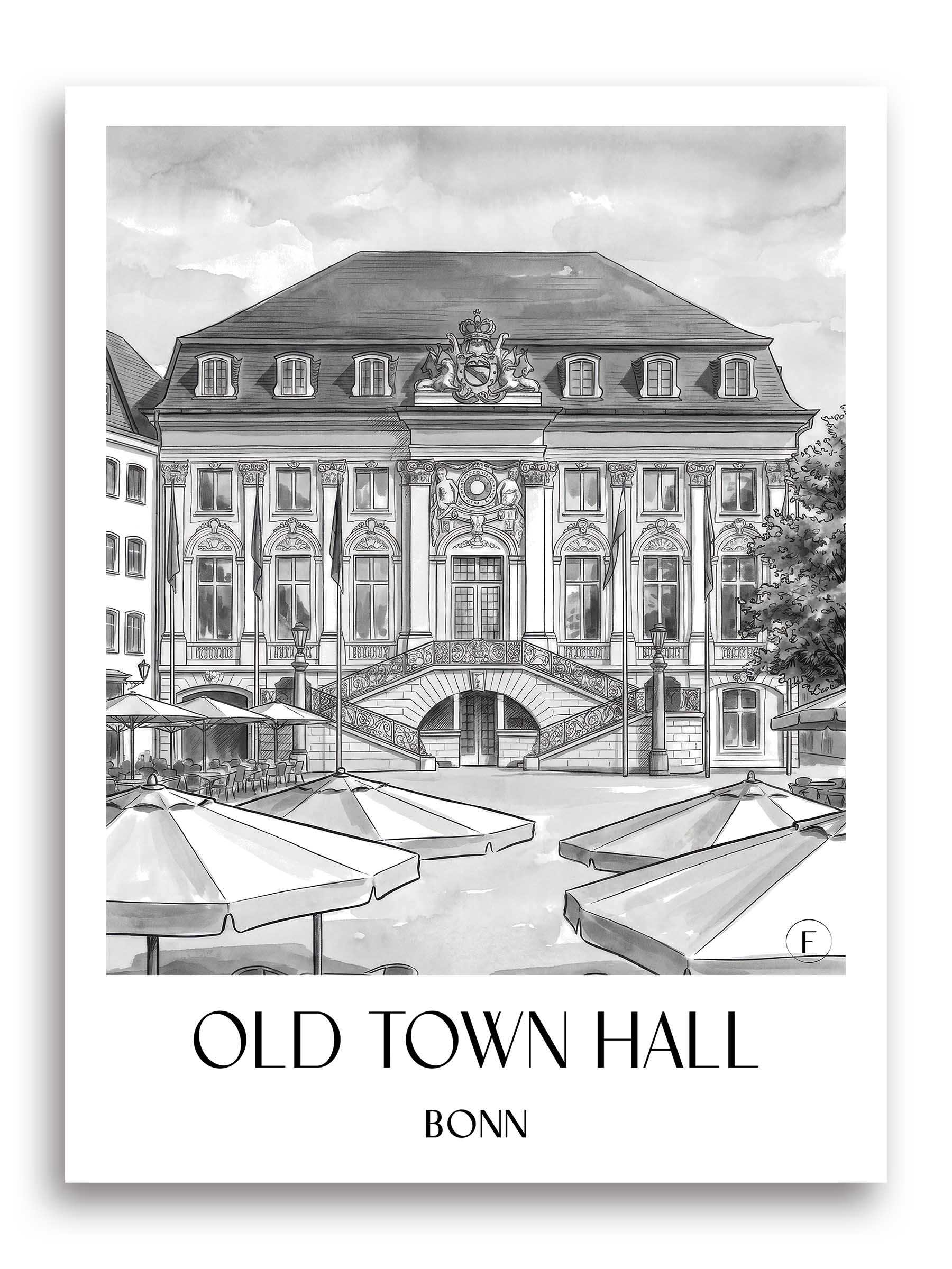 Altes Rathaus Poster - Bonn - Deutschland Kunstdruck - Aquarell Schwarz-Weiß von A4 bis A1