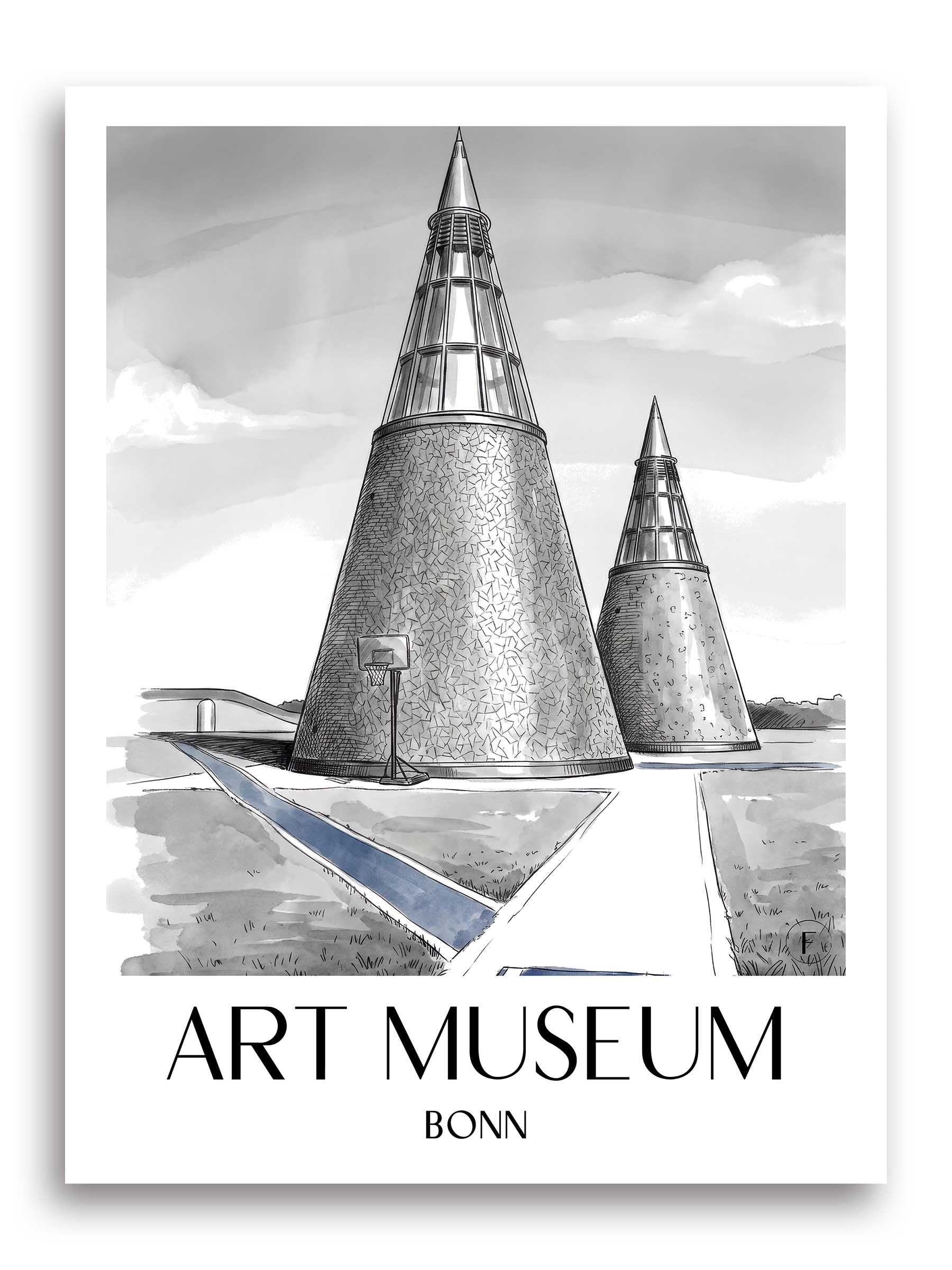 Kunstmuseum Poster - Bonn - Deutschland Kunstdruck - Aquarell Schwarz-Weiß von A4 bis A1