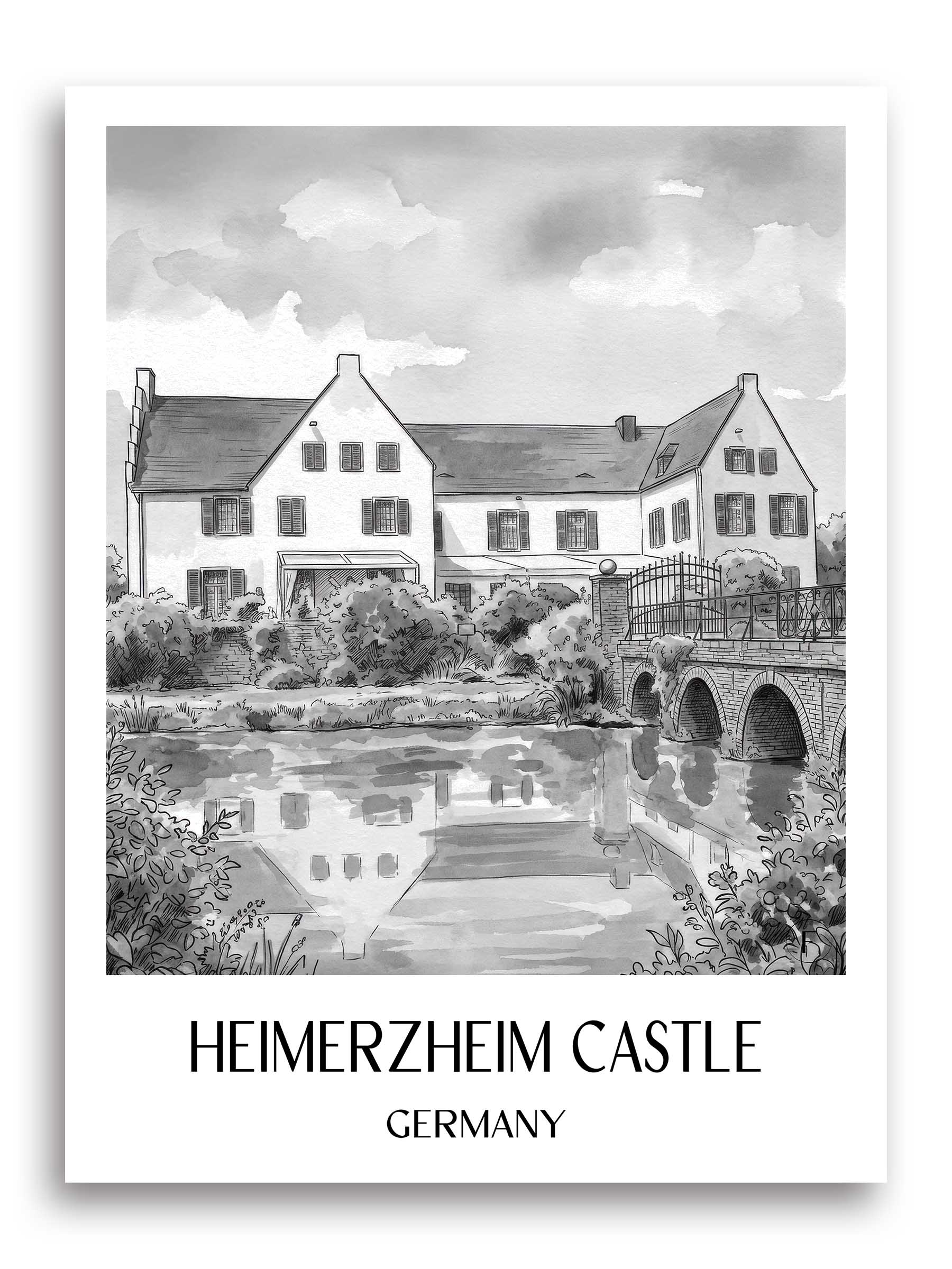Burg Heimerzheim Poster - Rheinland - Deutschland Kunstdruck - Aquarell Schwarz-Weiß von A4 bis A1