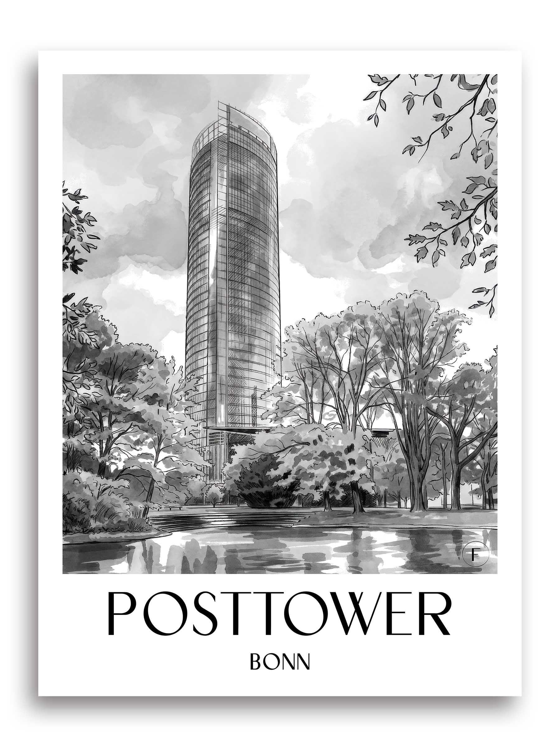 posttower-bonn-deutschland-poster-aquarell-schwarz-weiss