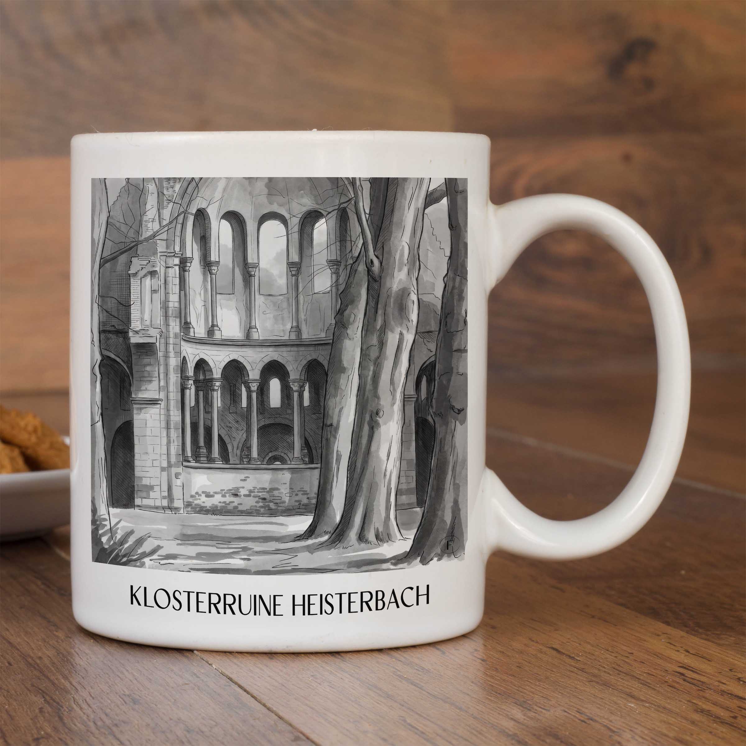 klosterruine-heisterbach-königswinter-deutschland-kaffeebecher-aquarell-schwarz-weiss