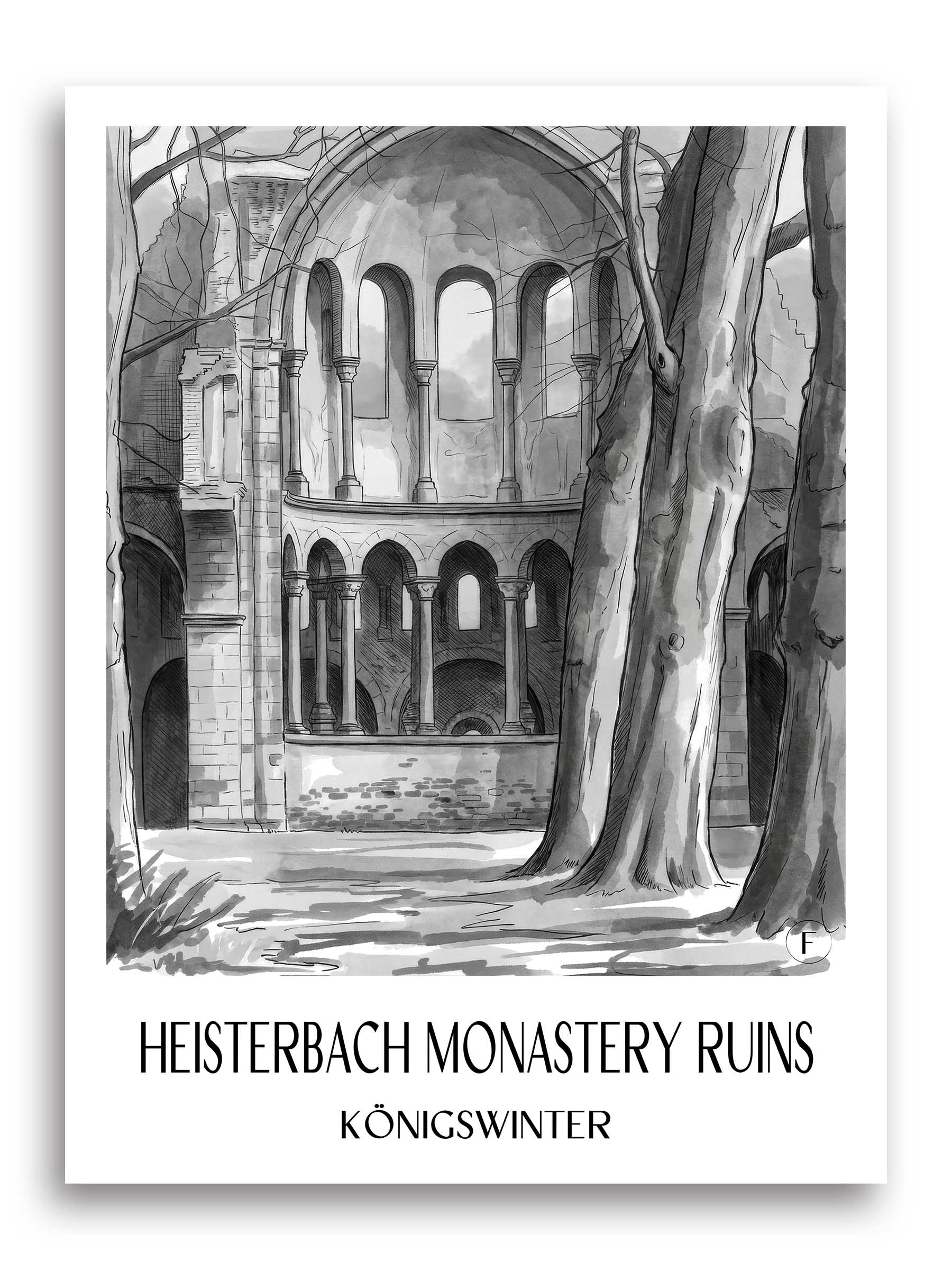 Klosterruine Heisterbach Poster - Königswinter - Deutschland Kunstdruck - Aquarell Schwarz-Weiß von A4 bis A1